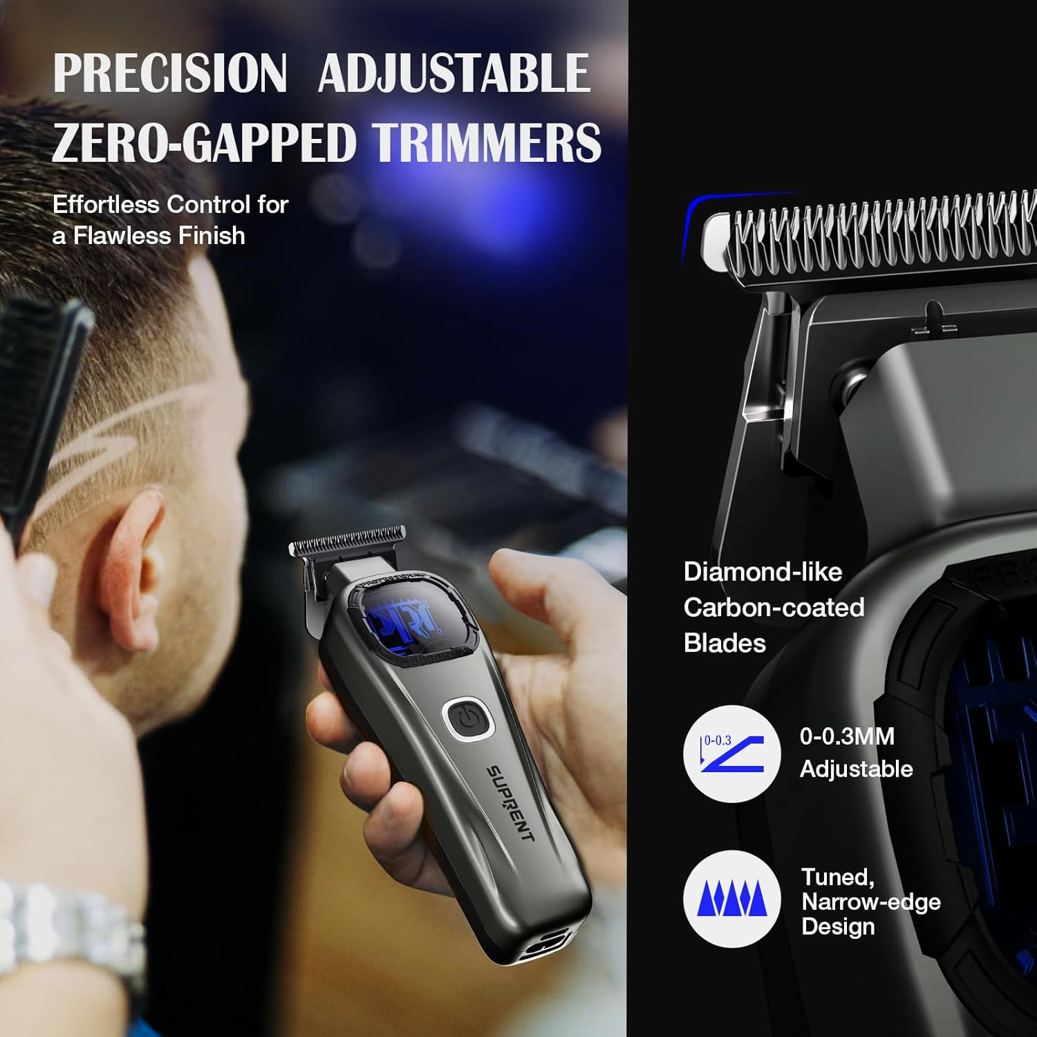 SUPRENT Professional Hair Clippers for Men - Barber Clippers & Zero-Gapped Trimmer Combo with Charging Stand, 10000 RPM Motor Speed Hair Cutting Kit, Blue Titanium-Coated Blades (Gray) image number 4