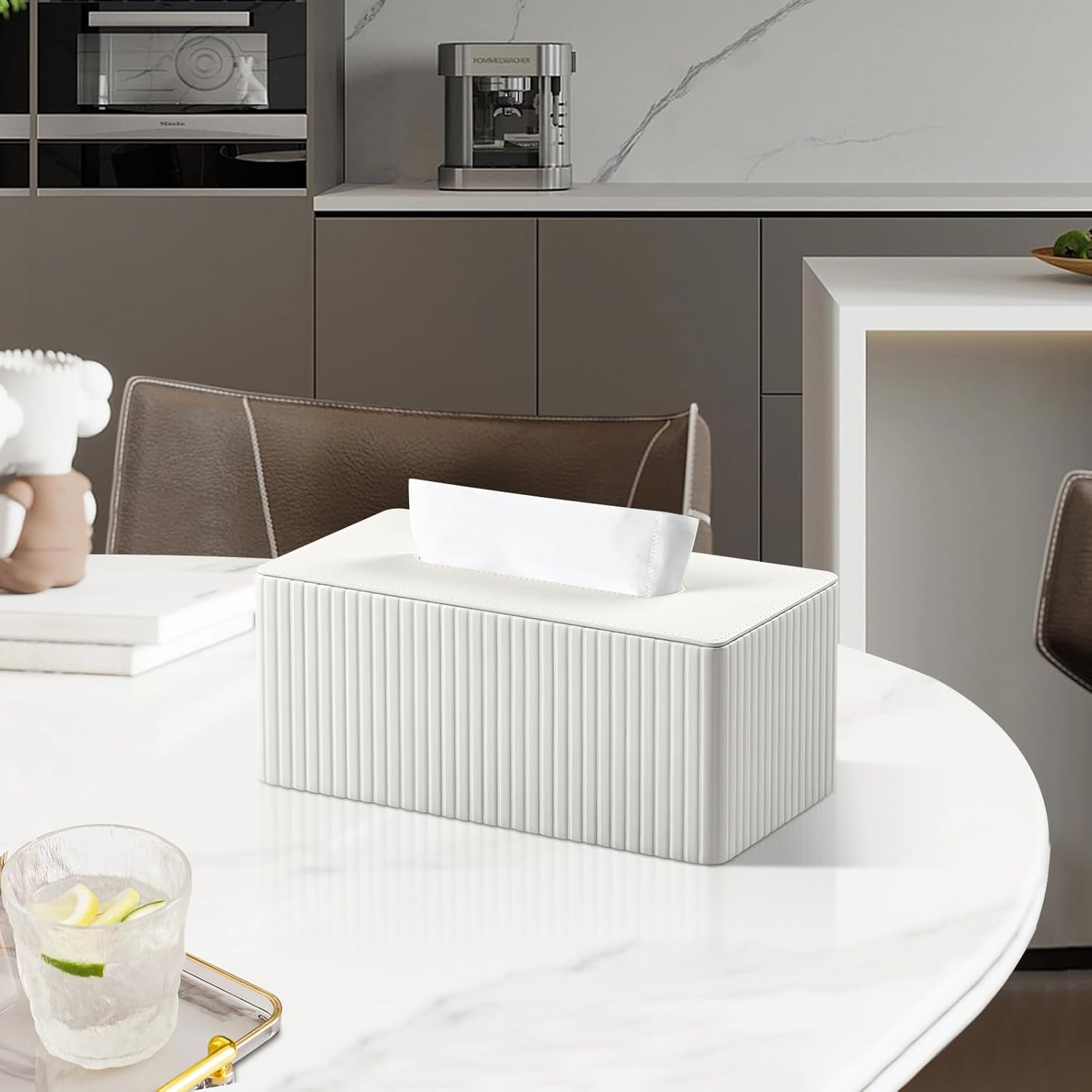 Stylish PU Leather Rectangle Tissue Box Cover with Magnetic Bottom for Bathroom Bedroom Office (White Stripes) - Black image number 6