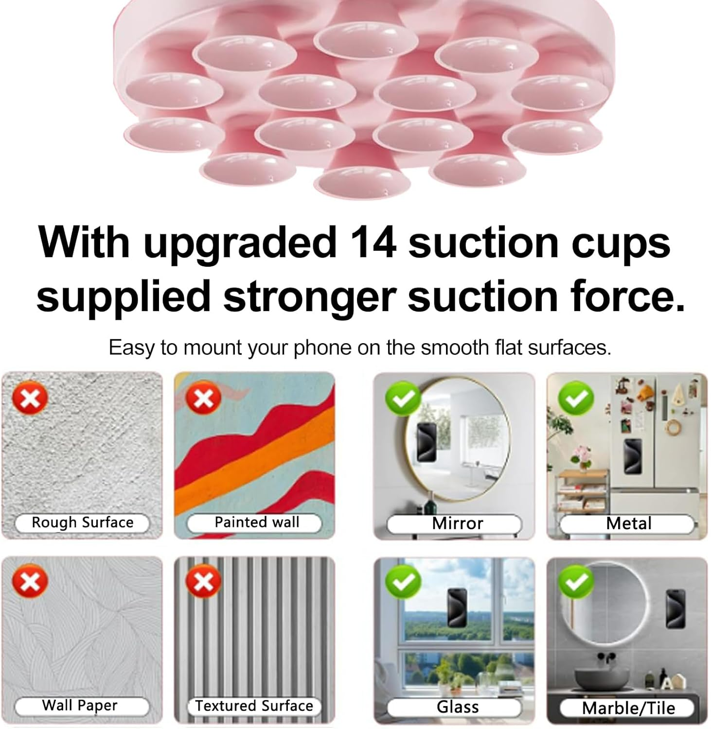 TONGLUO Silicone Suction Phone Sticky Grip with Magnetic Suction, Compatible with Magsafe Case for Hands-Free Selfies/Videos, Applicable to Mirror Shower Stand Holder for Iphone and for Android(Pink)