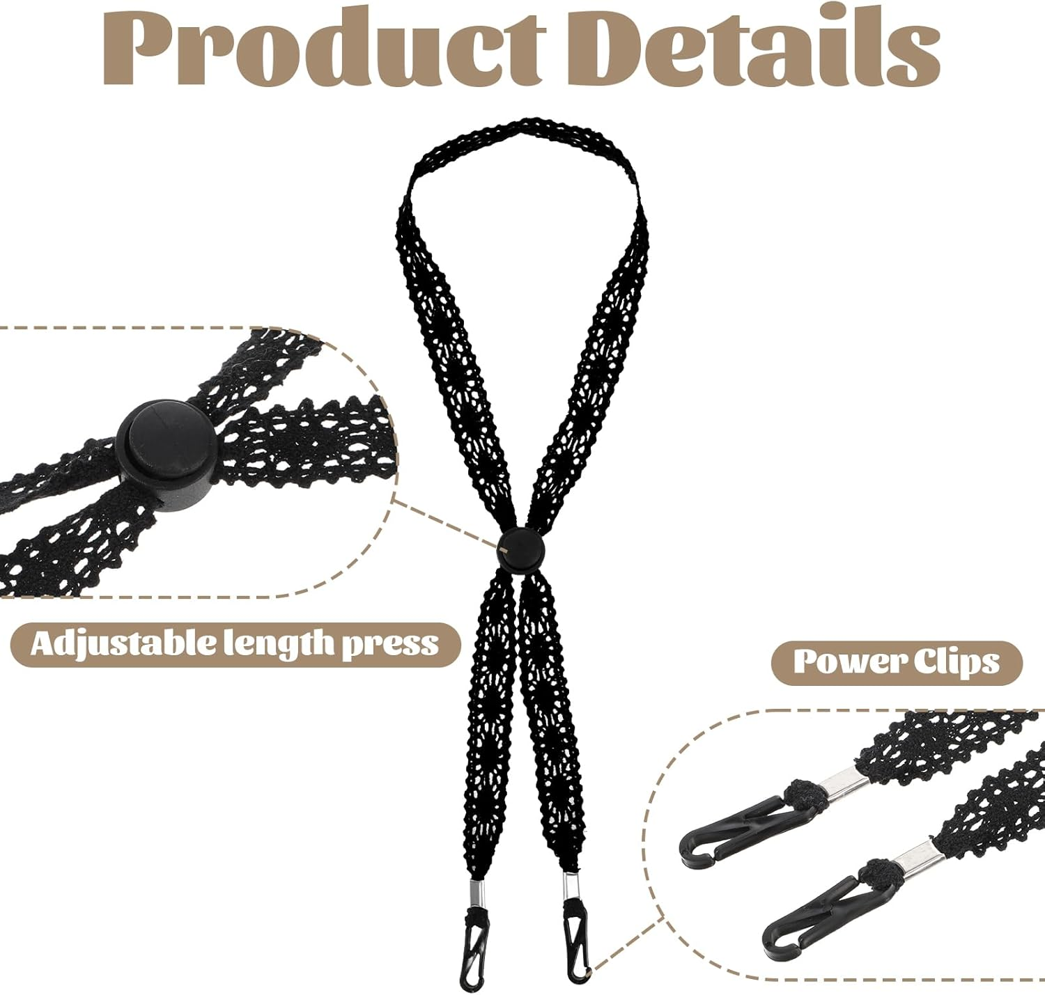 Tweruna 2 PCS Hat Straps for Wind, Adjustable Beige Black Chin Cord, Lace Sun Hat Chin Strap with Clips, Replacement Lace Windproof Keeper String for Women Outdoor Hats image number 6