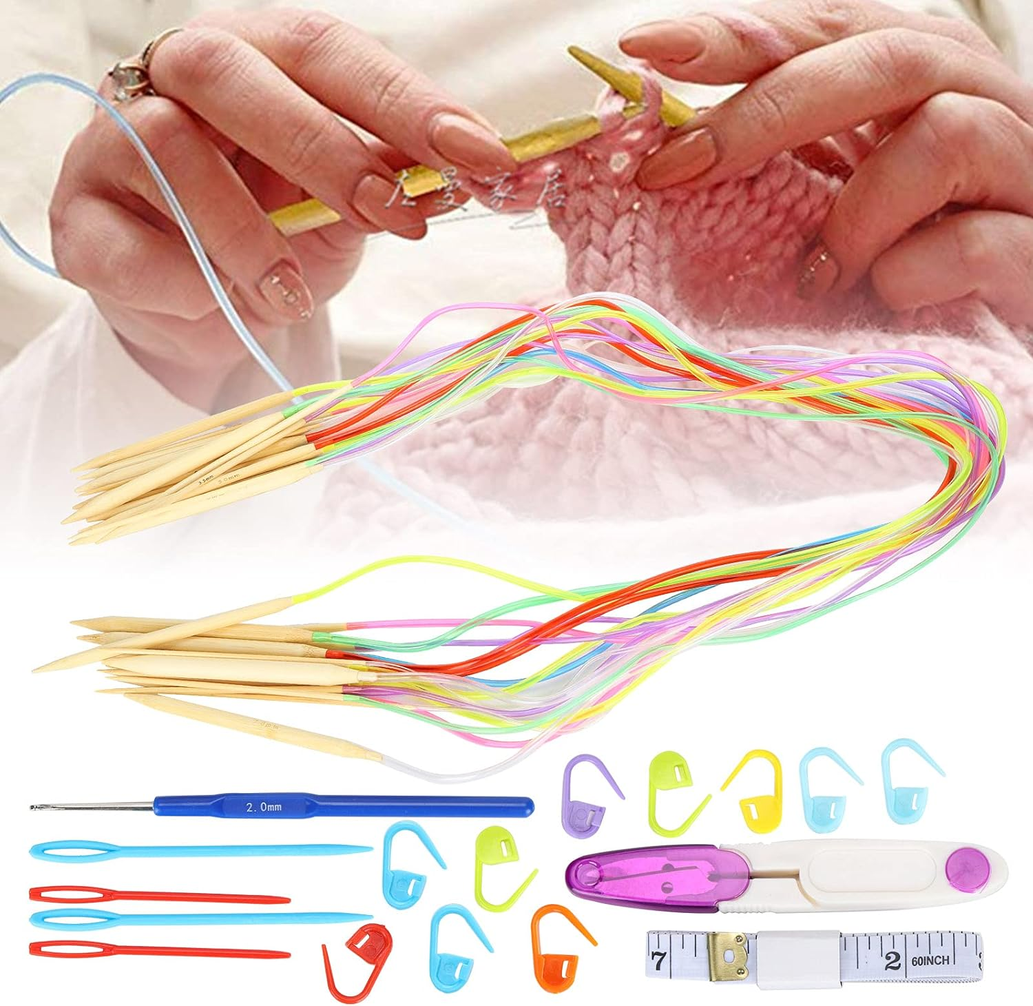 Knitting Needles Set, 18Pcs Circular Needle Bamboo for Knitting Scarves for Sweaters(120Cm+Accessories Bag) image number 1