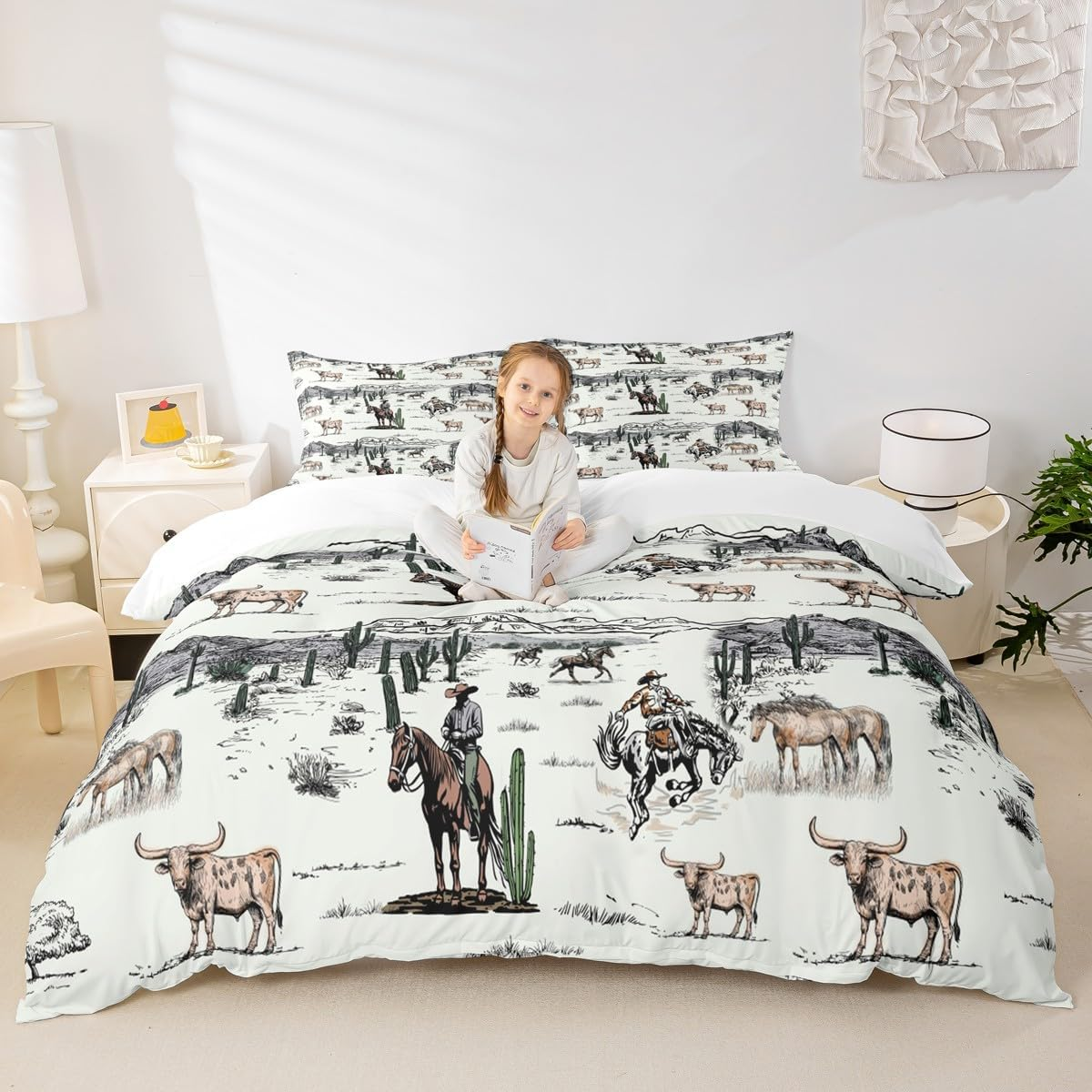 Western Cowboy Duvet Cover Set King Size,Vintage Southwest Style Comforter Cover Desert Cactus Cow Horse Animals Bedding Set for Kids Boys Girls Adult Room Decor,Grey Brown White Quilt Cover 3Pcs image number 4