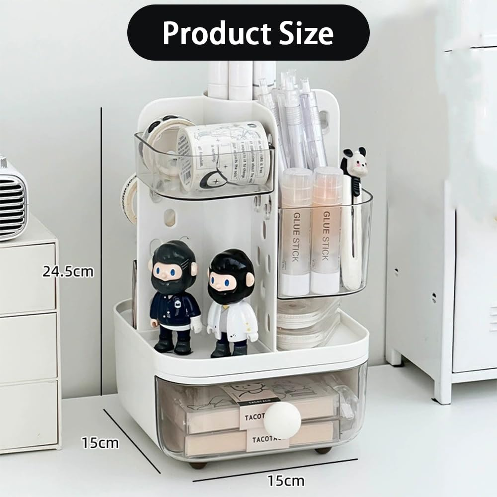 Ranqisys Rotating Desktop Organizer with Drawers &ndash; Large-Capacity Multifunctional Storage Box with Pegboard, Desk Organizer for Stationery, Markers, Brushes, Scissors, Lipsticks & Jewelry