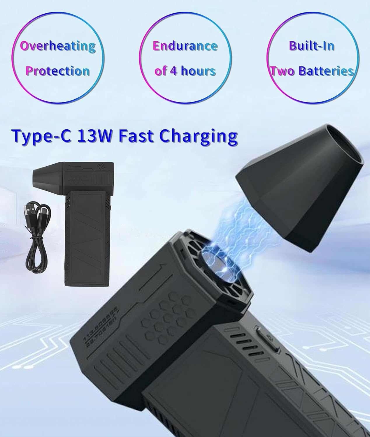 Jet Dry Mini Blower, 130000 RPM Portable Mini Jet Blower with 3 Adjustable Speeds, Type-C Rechargeable Cordless Air Blower Car Dryer for Car, Computer, Keyboard, Lens image number 2