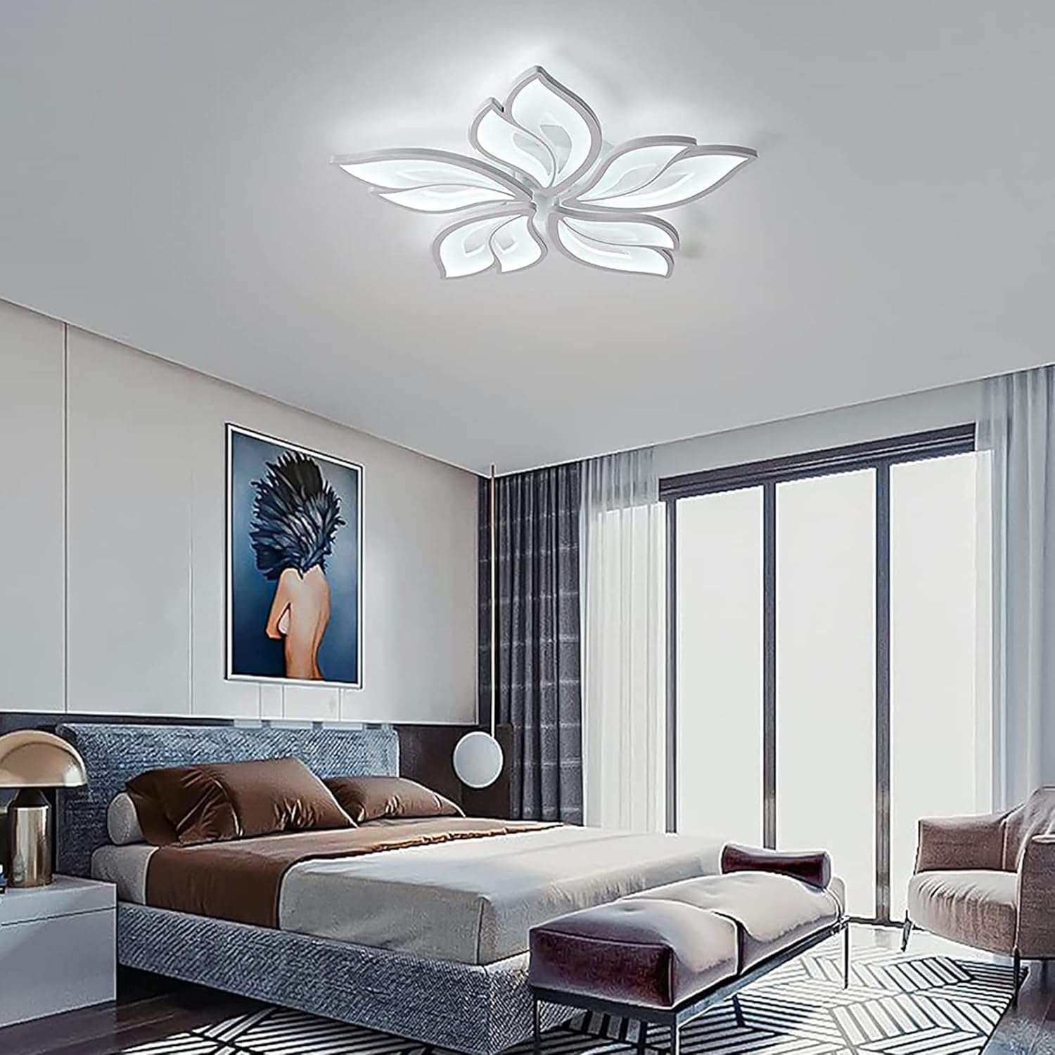 Oninio 60W Modern LED Ceiling Light, 23.6&rdquo; Chandelier Ceiling Lighting, Flush Mount Lighting Fixture White Bedroom Ceiling Lights Flower Ceiling Lamp for Living Room Dining Room Kitchen - 4 Rings/58W image number 4