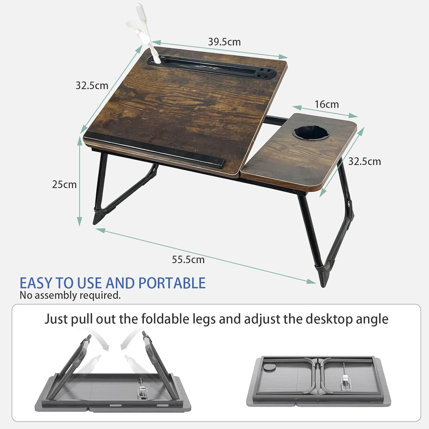 Laptop Desk for Bed, Adjustable Laptop Stand with 5 Different Angles, Portable Lap Tray Table with USB Charge Port and Cup Holder, Laptop Bed Desk Tray for Writing Working Reading (Rustic Brown) image number 2