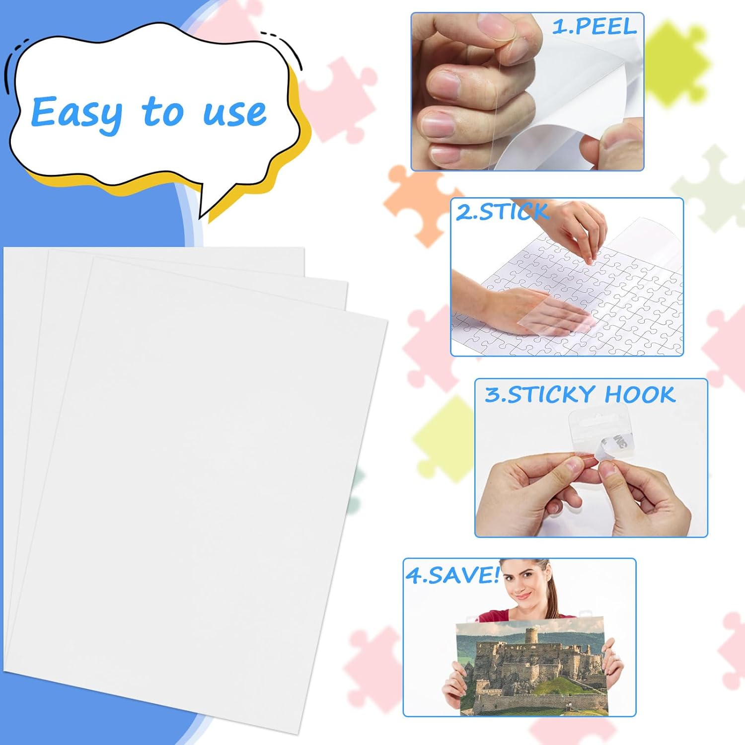 27 Puzzle Saver Sheets & 18 Hooks Peel & Stick Adhesive for Large Puzzles Saver Sheet Jigsaw Puzzle Sticker Sheets Jigsaw Keeper Puzzle Glue Sheet, 21X29Cm image number 5