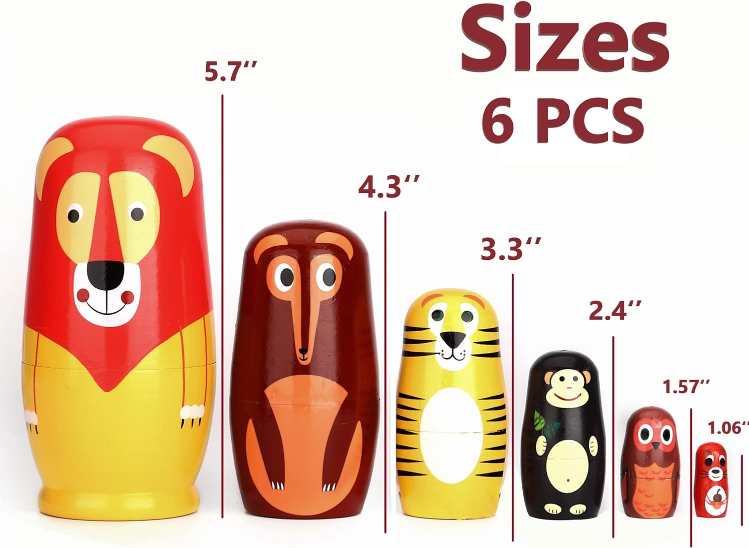 SWANGSA 6 Pcs Russian Nesting Dolls, Cute Cartoon Animals Handmade Wood Stacking Matryoshka Nesting Dolls for Kids Birthday Wishing Gift, Home Decoration image number 4