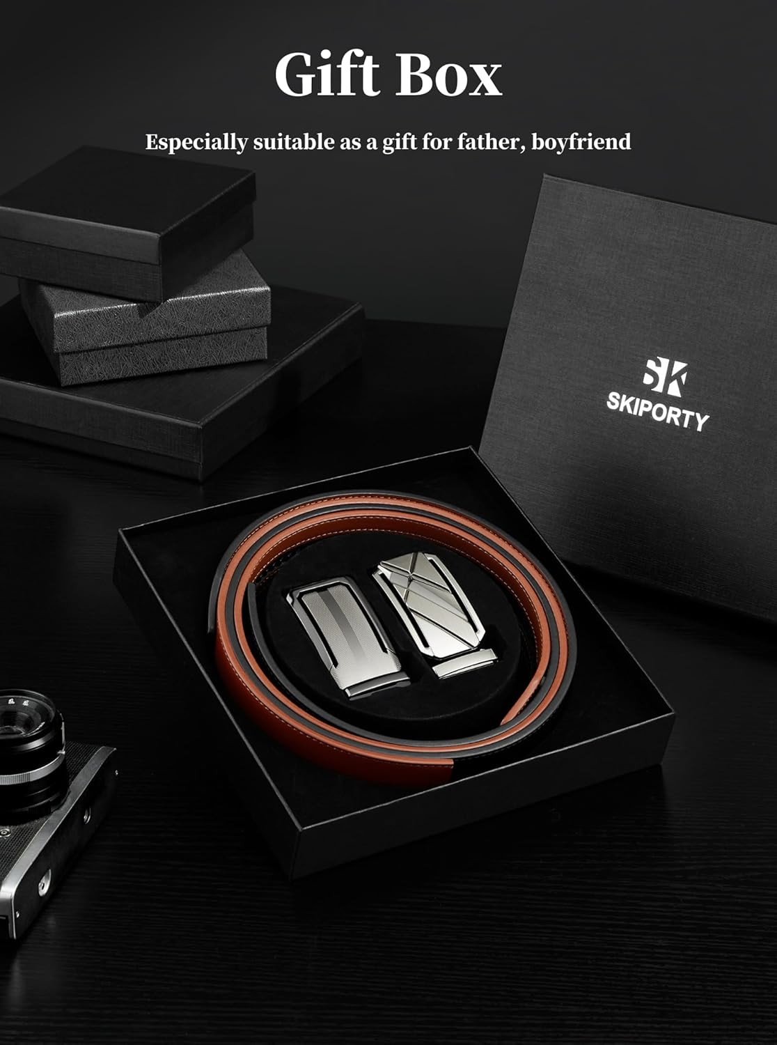 Skiporty Mens Belt 2 Pack Leather Ratchet Dress Belt Double Style in Gift Box for Pants Jeans Comfort Click image number 5