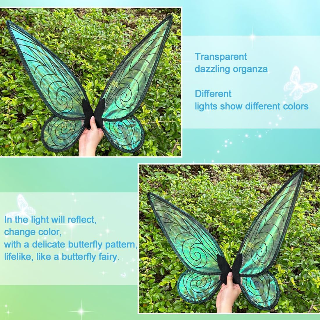 Fairy Wings, Sparkling Sheer Wings for Women Girls Adults, Fairy Wand Elf Ears Butterfly Wings Fairy Wings Adult Costume Set, Halloween Angel Wings Kids' Dress up & Pretend Play Fancy Dress image number 3
