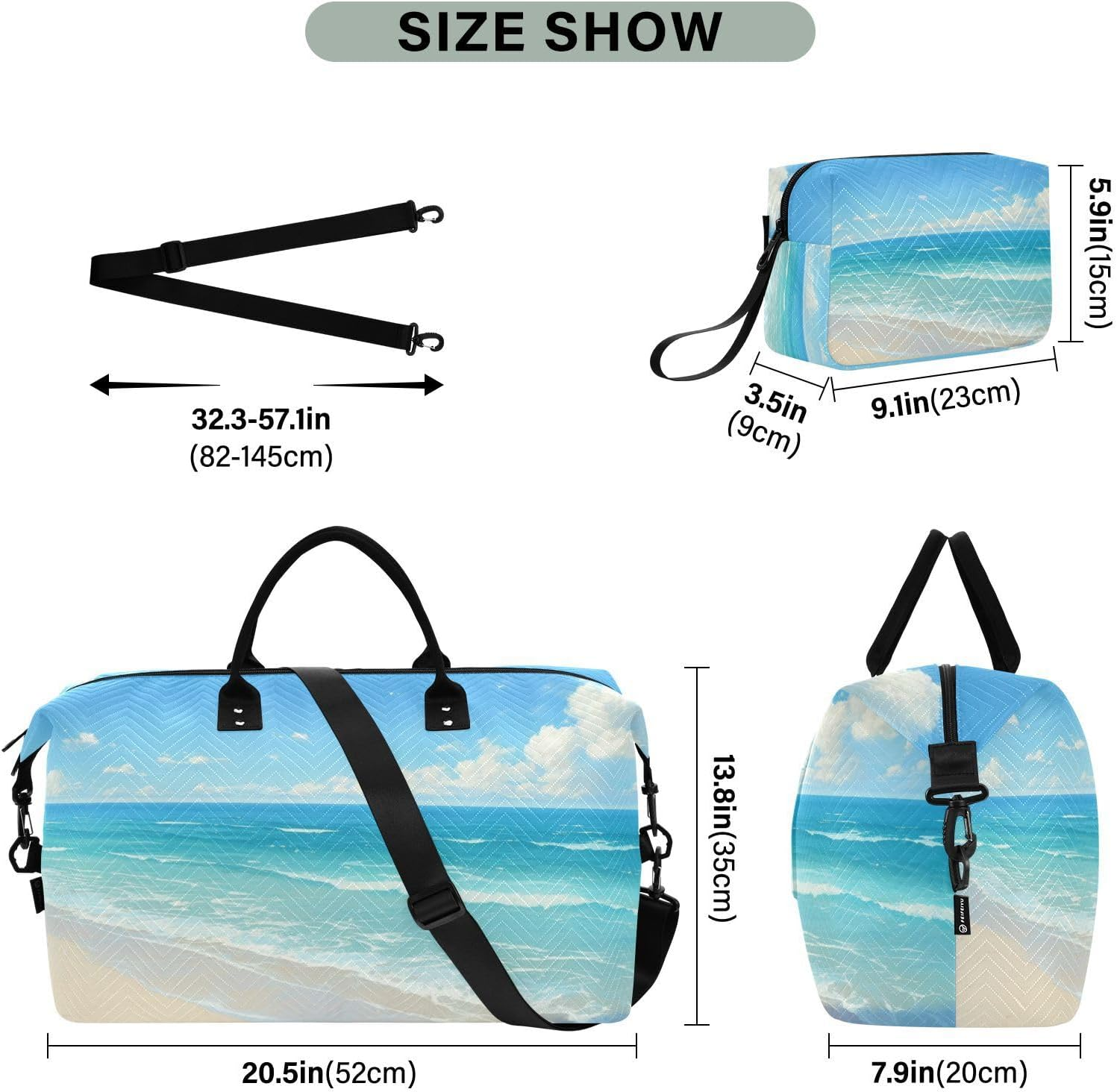 Summer Beach Blue Waves Travel Bag Carry on Shoulder Weekend Tote Sports Duffel Bags with Adjustable Strap for Sports Large Capacity, Summer Beach Blue Waves, 1 Size image number 5