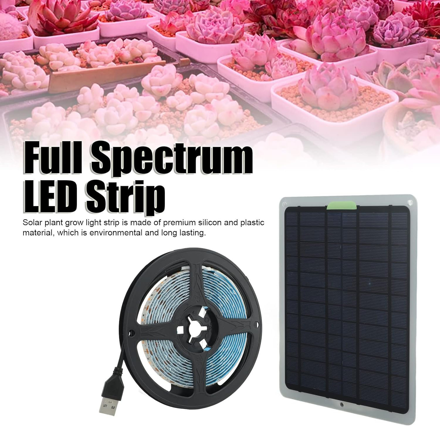 Solar Powered Grow Light Strip, Full Spectrum Led Strip Growing Lamp with 20W 5V Solar Panel Ip65 Waterproof High Luminous Lux Led Plant Grow Lights for Indoor Outdoor Greenhouse image number 1