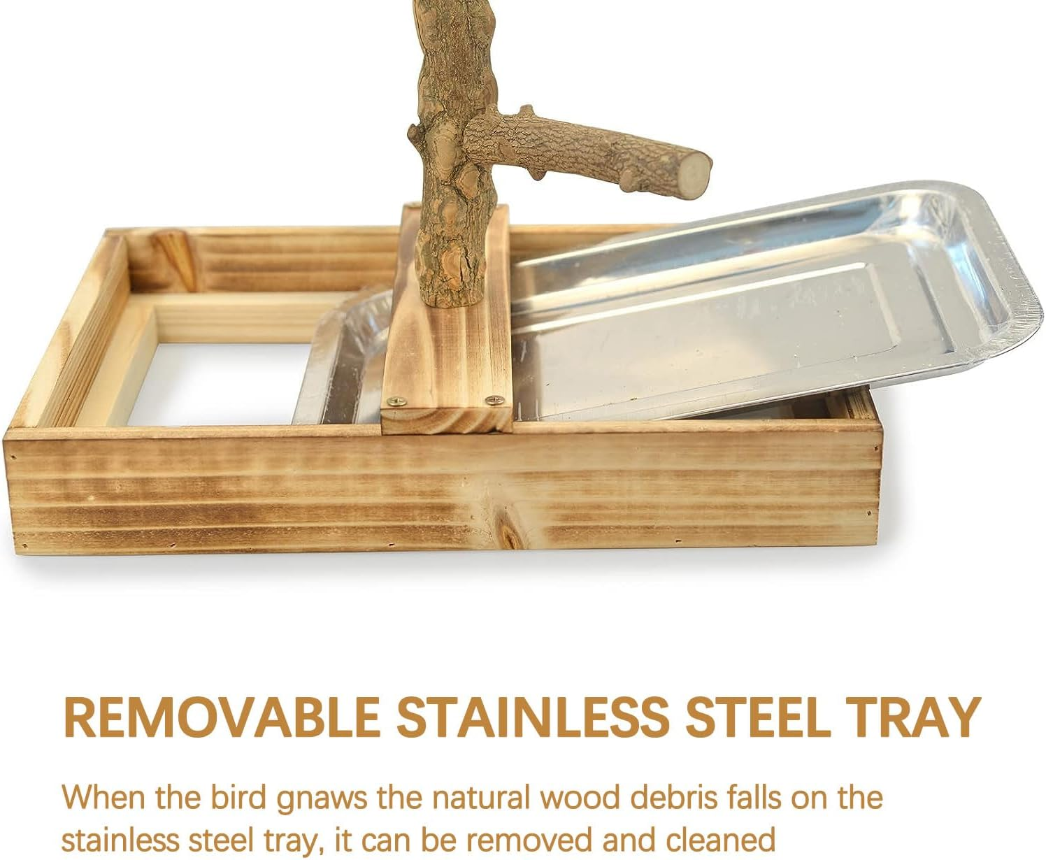 Cozioz Natural Wooden Bird Playground with Removable Tray, 2 Stainless Steel Cups - Ideal Bird Cage Accessories and Perches for Fun and Feeding image number 4