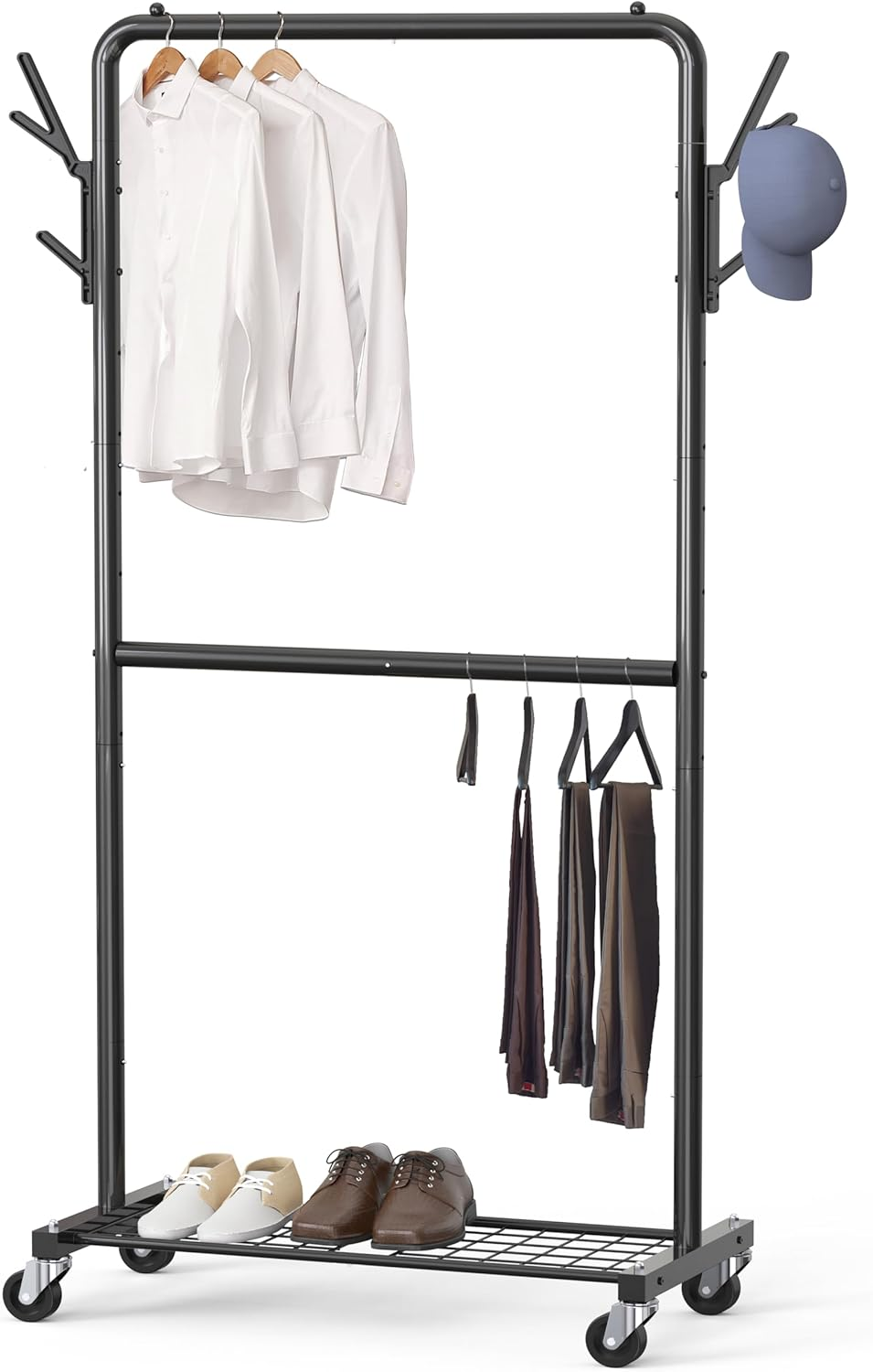 Simple Houseware 100-Cm Double Rod Clothes Rack with Wheels, Hooks and Wired Shelf, Black