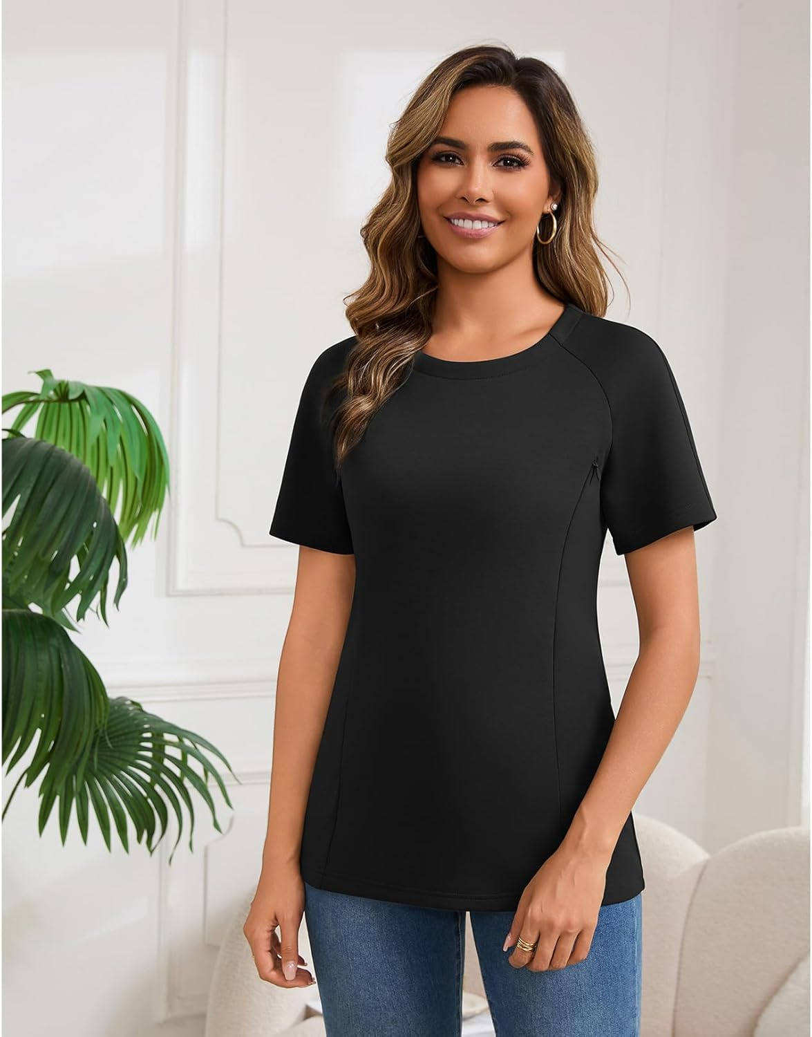 GINKANA Nursing Tops Breastfeeding Tshirt for Women Mama Zipper Distressed Loose-Fit Tee Pregnancy Clothes image number 5