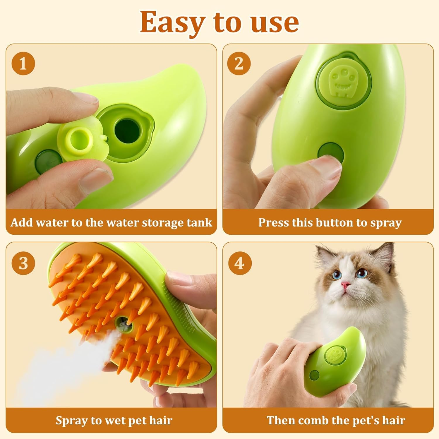Spray Cat Brush, 3-In-1 Cat Steam Brush with Water Tank Steam Cat Brush, USB Rechargeable Cat Steam Brush High Efficiency Cat Steamer Brush for Removing Pet Tangled Loose Fur ... (Green) image number 3