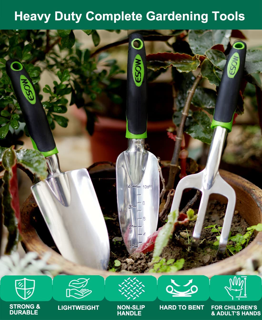 ESOW Garden Tool Set, 3 Piece Cast-Aluminum Heavy Duty Gardening Kit Includes Hand Trowel, Transplant Trowel and Cultivator Hand Rake with Soft Rubberized Non-Slip Ergonomic Handle, Garden Gifts image number 1