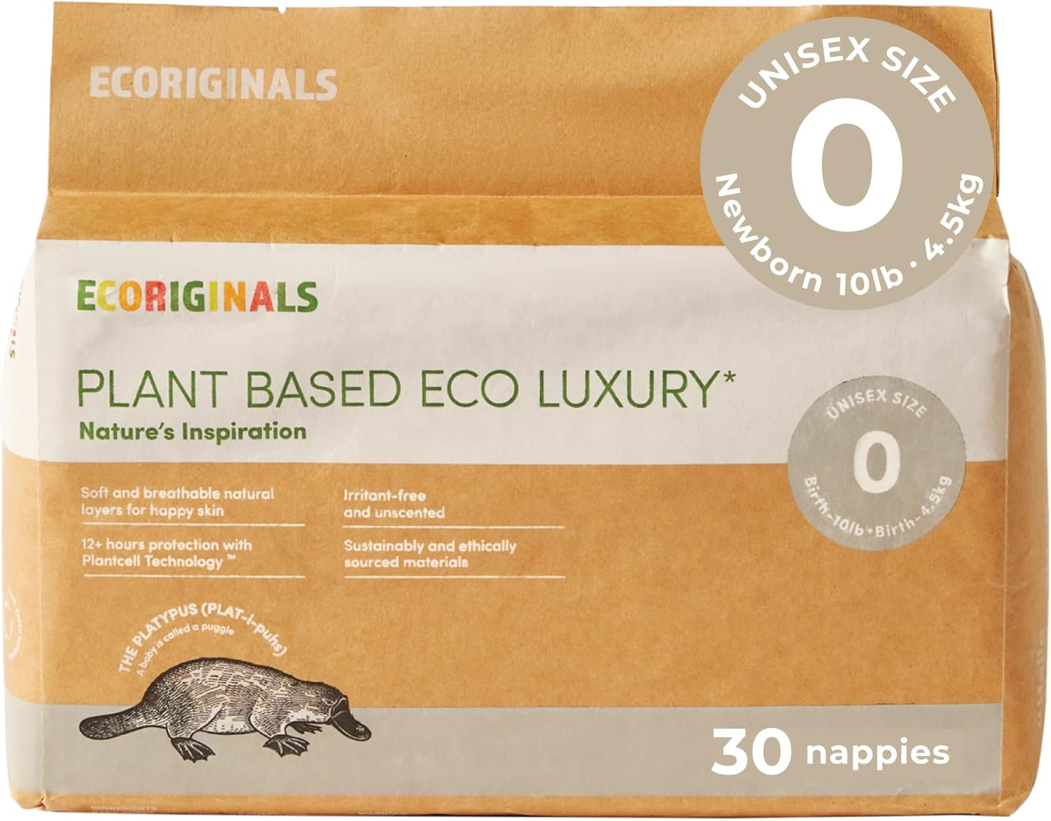 Ecoriginals - 30 Eco Newborn Nappies - Baby Nappies Size 0 with 100% Plant-Based Layers, Disposable & Hypoallergenic Baby Essentials for Newborn - Secure Fit Newborn Nappy (<4.5Kg), 1 Pack image number 1