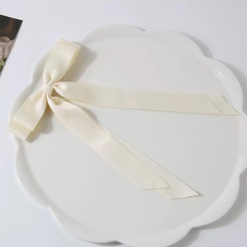 TSUOUKL 2 Pieces Silky Satin Hair Bows Hair Clip Pink Cream Hair Band Ponytail Holder Metal Clips Hair Bow for Women image number 2