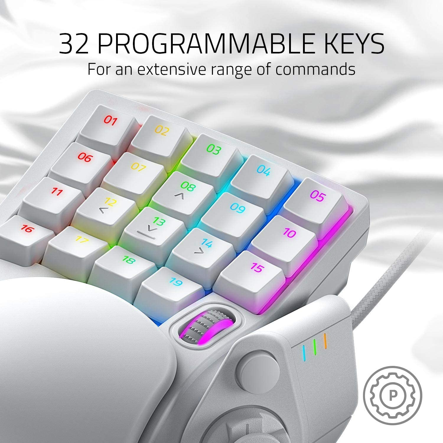 Razer Tartarus Pro Gaming Keypad: Analog-Optical Key Switches - 32 Programmable Keys - Customizable Chroma RGB Lighting - Variable Key Press Pressure Sensitivity - Mercury White RZ07-03110200-R3M1 image number 3