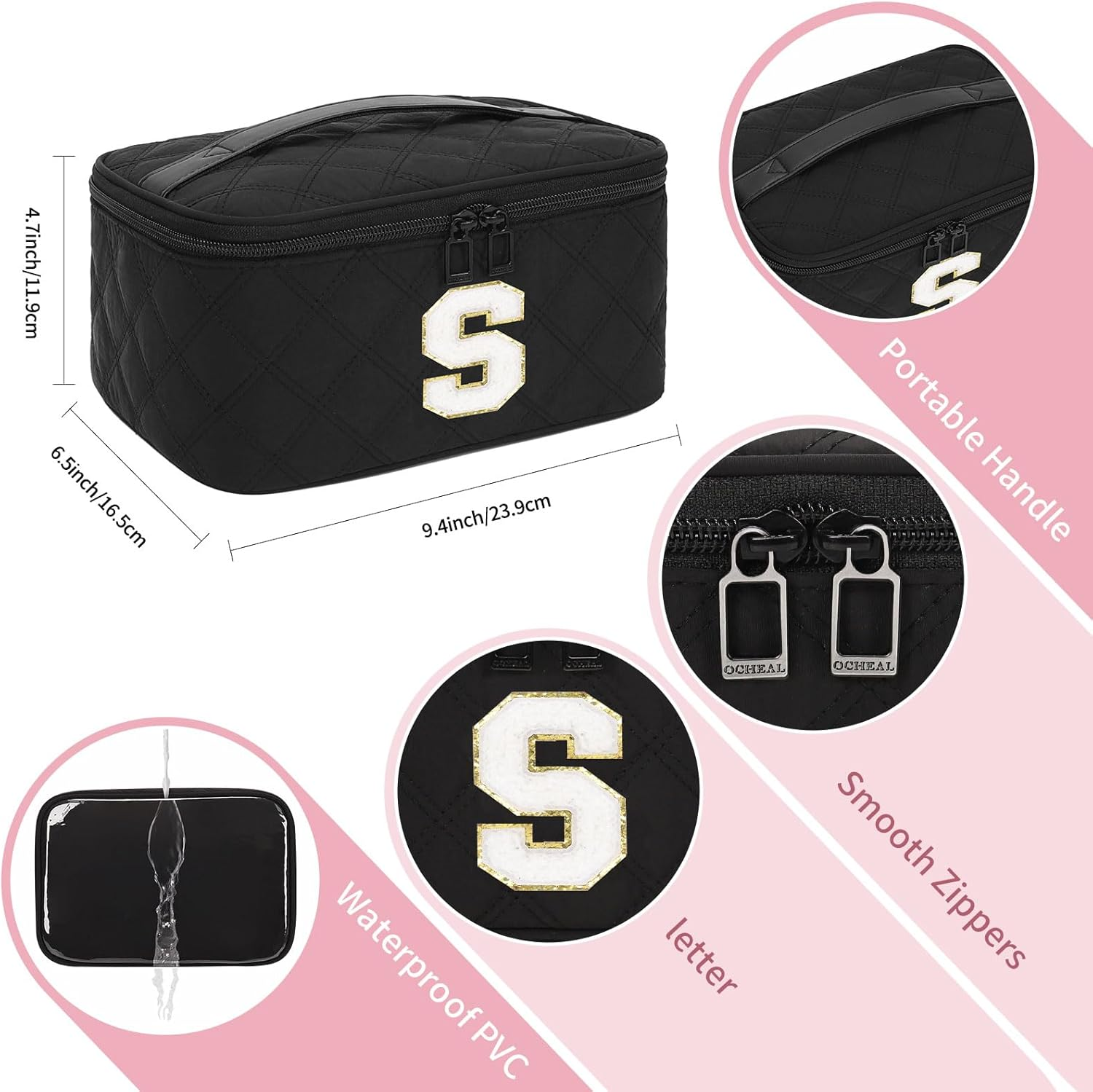 OCHEAL Makeup Bag for Women, Monogram Cosmetic Bag with Brush Holder,Black Travel Makeup Case Beauty Toiletry Bag Organizer Personalized Gifts for Girls Bridesmaid, Sister, Wife, Friends Initial S image number 1