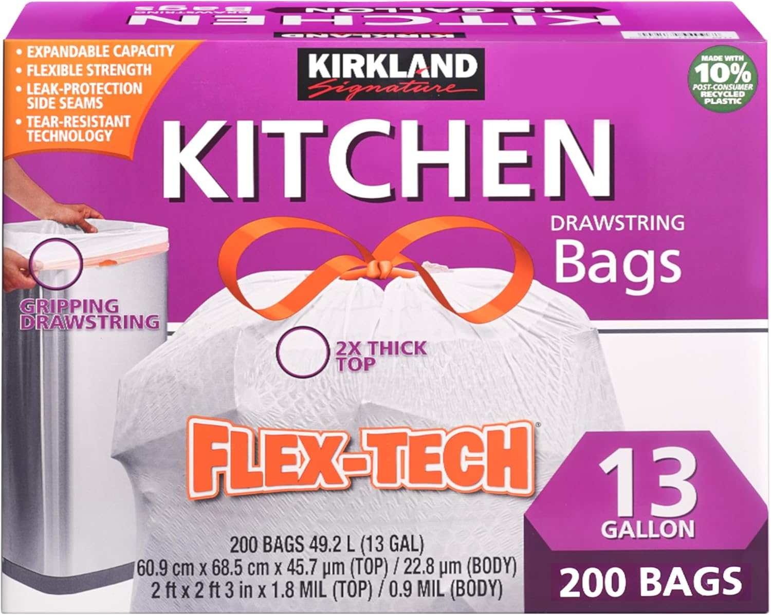 BD Kirkland Signature Drawstring White Kitchen Trash Bags, 13 Gallon, 200 Count image number 5
