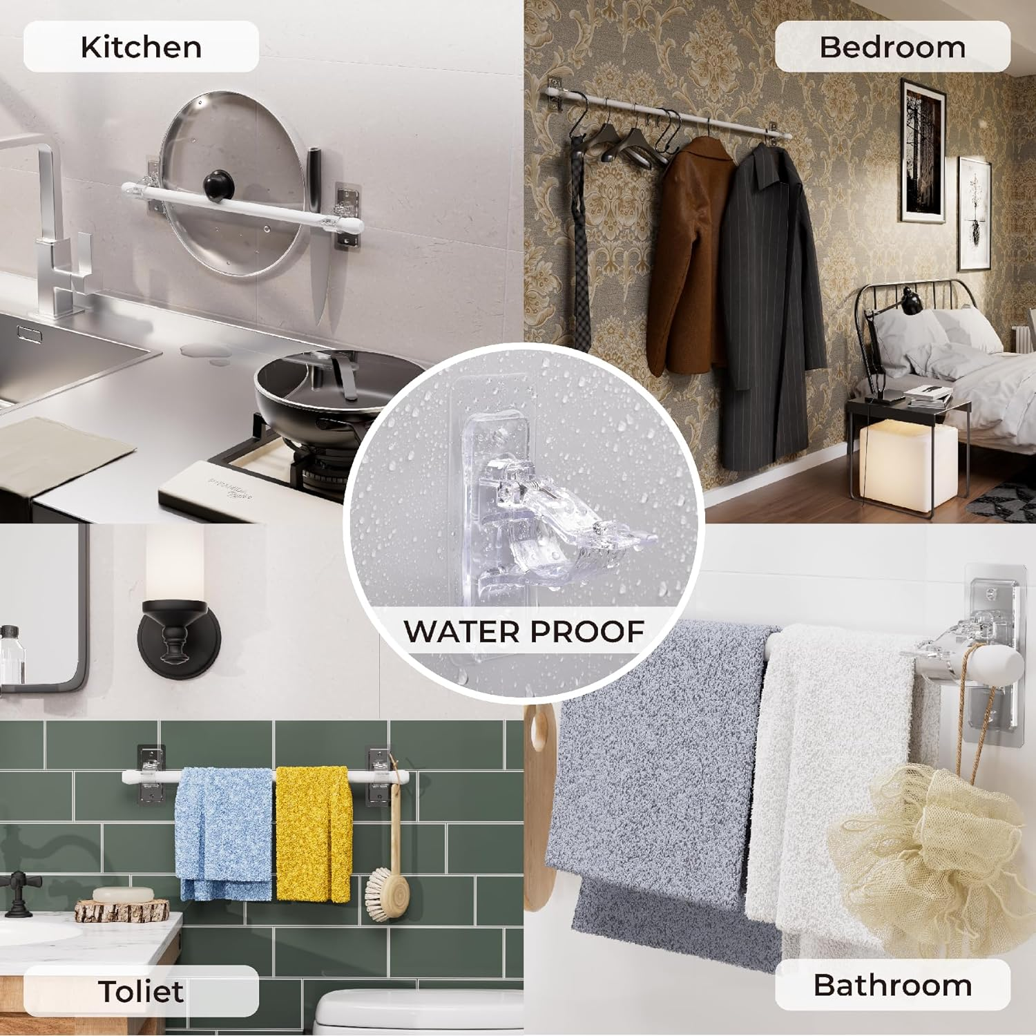 6-Pack No Drill Needed Curtain Rod Holders Brackets, Self Adhesive Rod Holder Hooks, Multipurpose Nail Free Stick on Curtain Rod Hooks image number 2