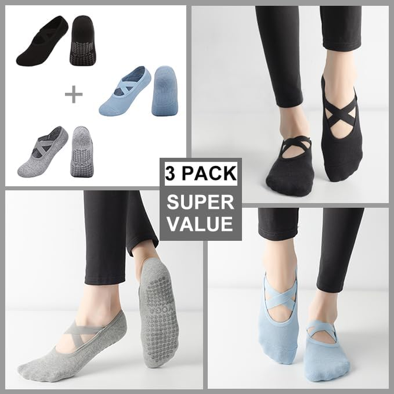 Squishy Dot 3 Pairs Women Non-Slip Yoga Socks with Grips, Non Slip Colorful Cushioned Grippy Socks with Straps for Yoga, Pilates，Barre Ballet Dance, Hospital, Barefoot Workout image number 1