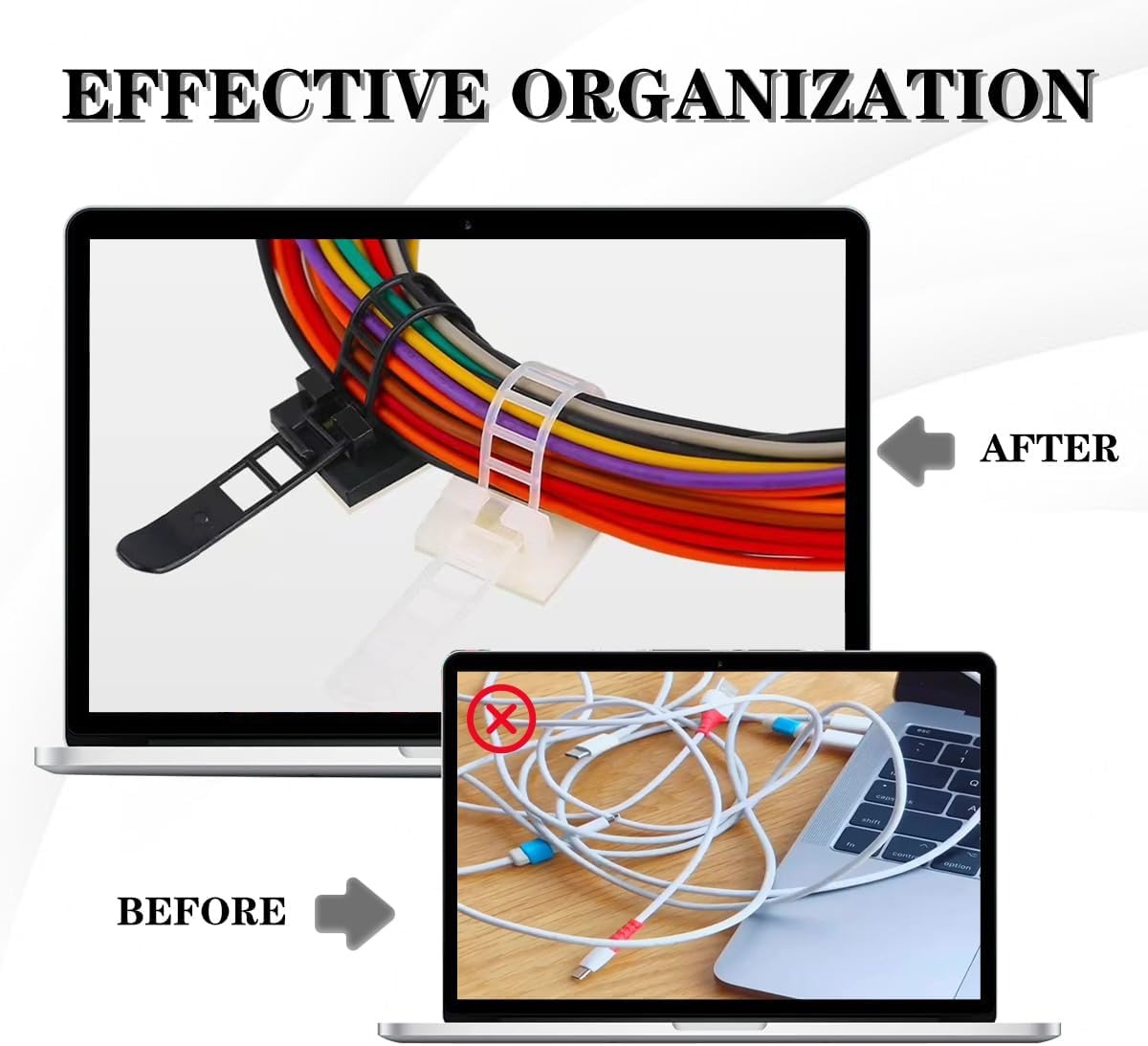 Reusable Adhesive Cable Management, 50 Set (2 Size) Cable Ties Adhesive Mounts, Multi-Purpose Cable Tidy Clips, Adjustable Cable Zip Ties, Cord Holders for Home and Office Desk Organization - White