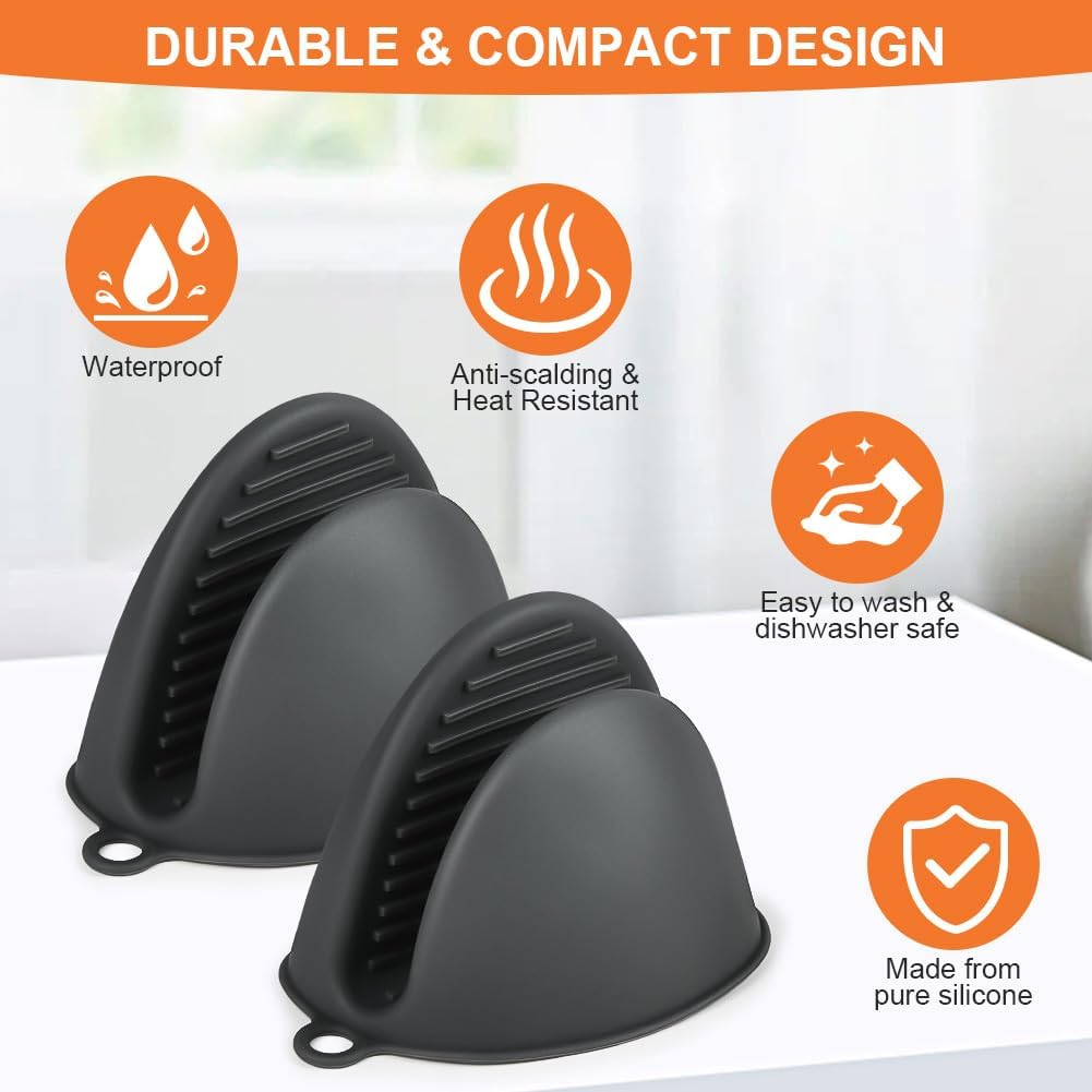 AUAUY 1 Pair Mini Silicone Oven Mitts, Heat Resistant Pot Holders Mitts, Cute Oven Pinch Grip Gloves, Small Potholders for Kitchen, Air Fryer Mitts Pair for Cooking, Baking and Grilling (Grey) - Mini Silicone-Grey image number 6