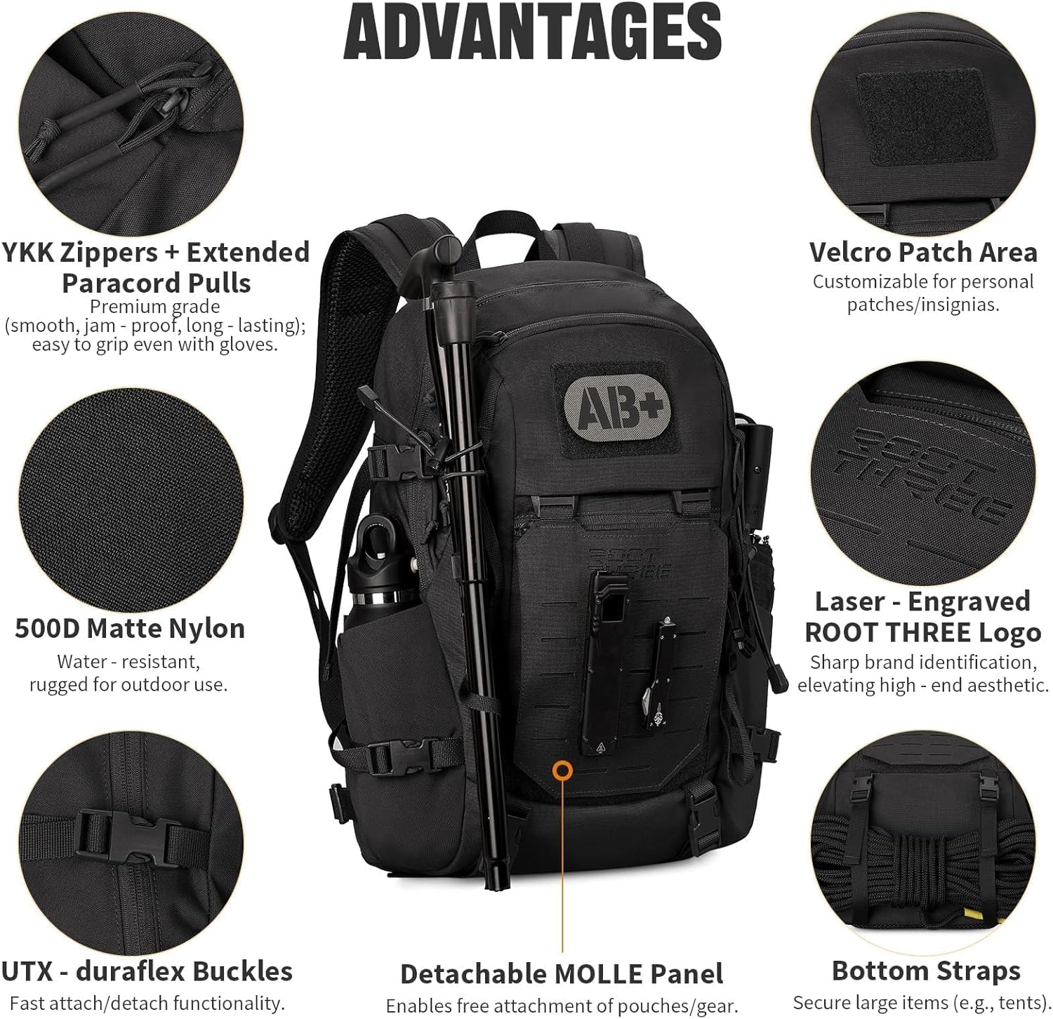 ROOT THREE 25L Tactical Backpack, Small Hiking Backpack with Expandable MOLLE Front, Biking Motorcycle Backpacks for Men image number 6