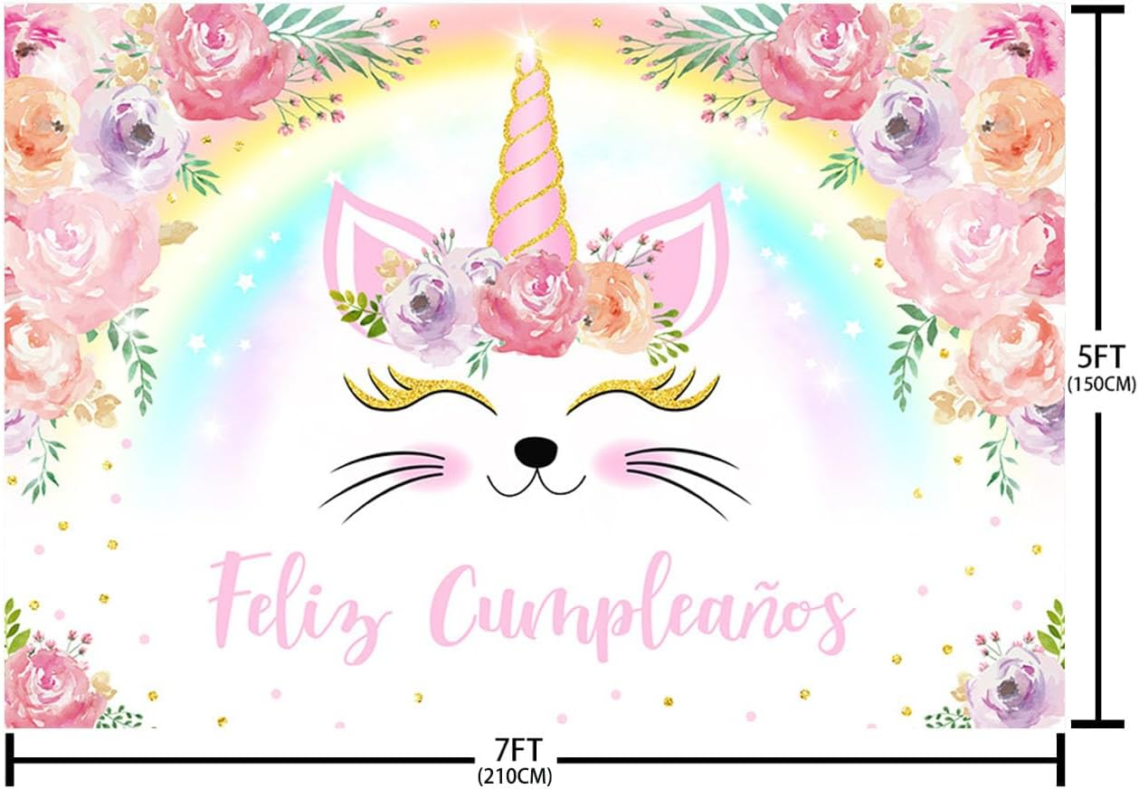 AIBIIN Unicorn Birthday Backdrop Girls Pastel Rainbow Flowers Unicorn Glitter Stars Dots Happy Birthday Party Banner Photo Props 7X5Ft