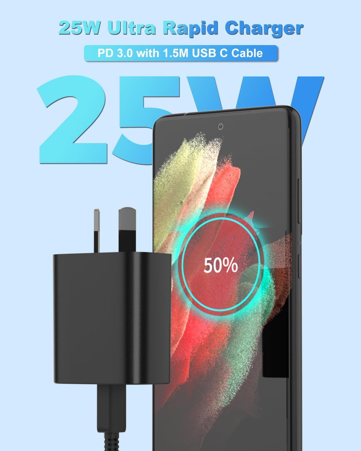 25W Fast Charger for Samsung, USB C Wall Charger with 1.5M Type C Cable Compatible with Samsung Galaxy S25/ S24/ S23/ S22/ S21 Ultra, A54/ A53/ A32/ A13