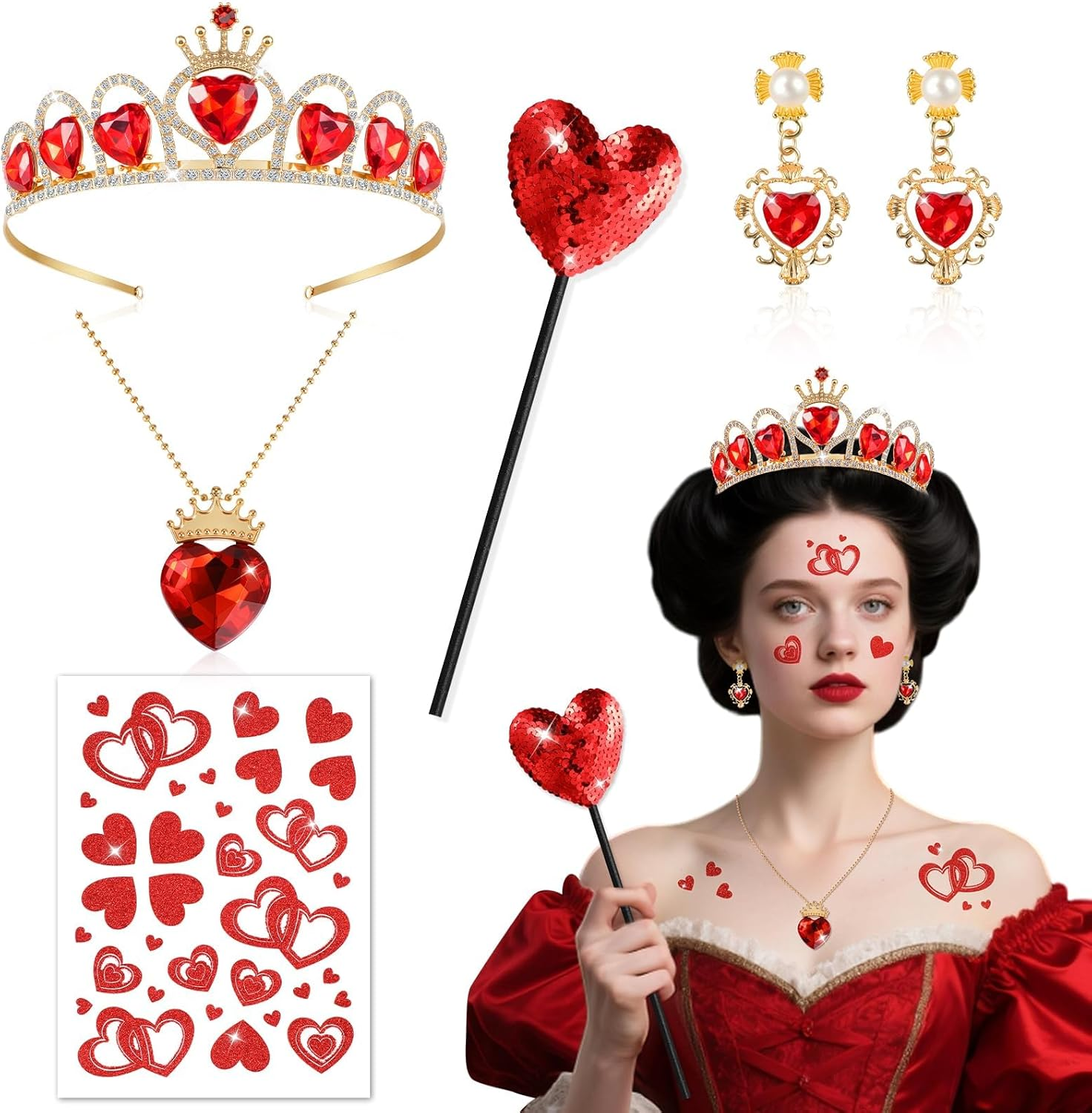 Queen of Hearts Accessories Set, Crown Headband Earings Necklace Wand Face Stickers, Queen of Hearts Costume Accessories Women for Halloween Carnival World Book Day Cosplay Party