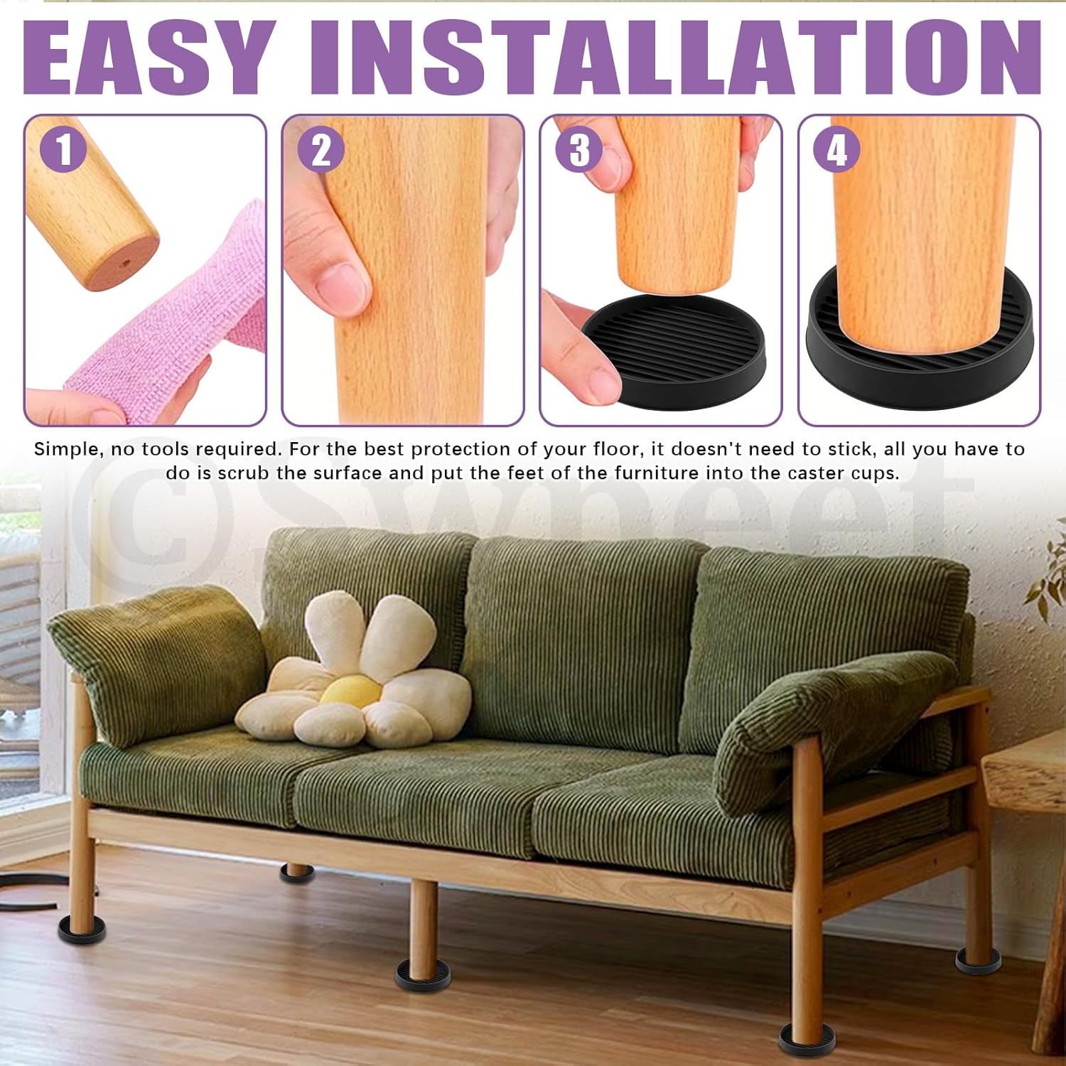 Swpeet 4Pcs 3" X 3" round Black Rubber anti Skid Caster Cups Non Slip Furniture Pads Kit, Anti-Slip Gripper, anti Skid Furniture Feet anti Slide Floor Stoppers for Bed Couch Table Chair Stoppers