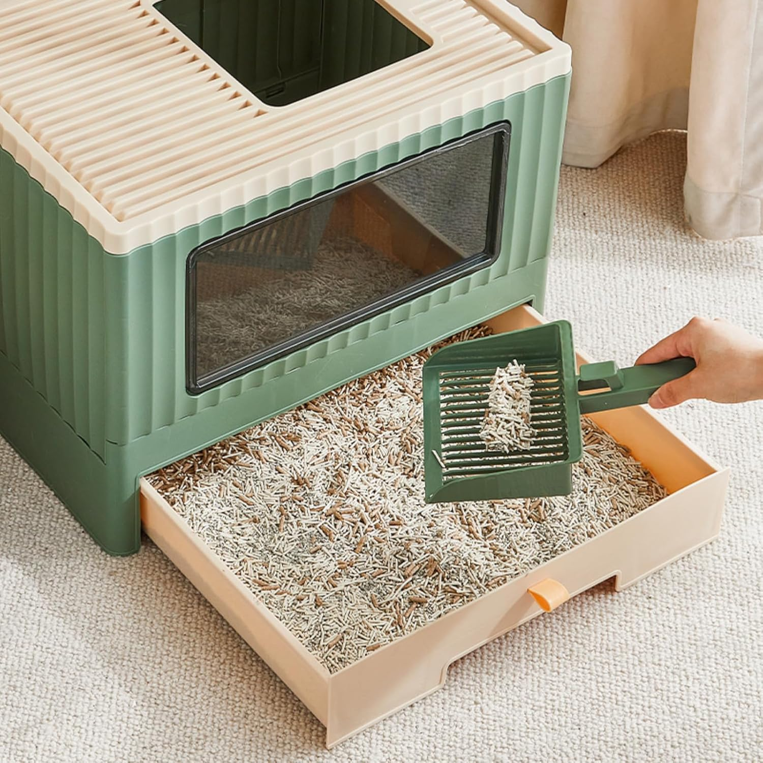 Cat Litter Box with Lid,Litter Box,Tray for Cat,Foldable Kitty Litter Box,With Scoop,Plastic (PP) Bpa-Free,With Drawer Type for Small and Medium Cats