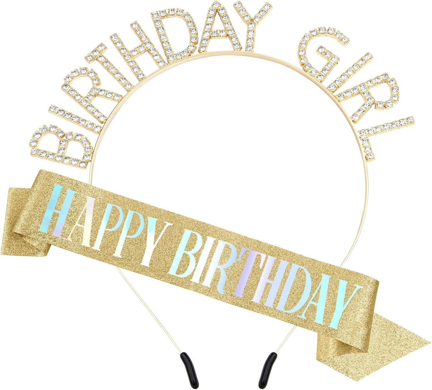 Birthday Sash and Crown, Girl Headband Tiara Rhinestone, Happy Birthday Sash, Glitter Golden Yellow Accessories Set, Party Decorations, Supplies Stuff Gifts for Girls Princess Queen Women Adult Woman