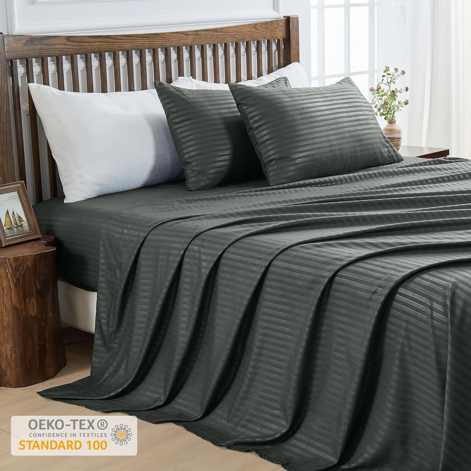 LINENOVA Luxury Stripe Bed Sheet Set King &ndash; 4 Piece Hotel-Quality 2000TC Ultra-Soft Microfibre &ndash; 40Cm Deep Fitted Sheet, Flat Sheet & Pillowcase &ndash; Deep Grey image number 4