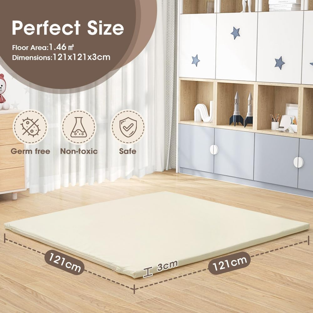 &zwnj;Playpals Baby Play Mat, Extra-Thick Vegan Leather Activity Mat with Washable Removable Cover, Non-Slip Cushioned Crawling Mat for Infants, Babies & Toddlers, Easy-Clean Floor Mat, 121X121Cm Beige&zwnj;