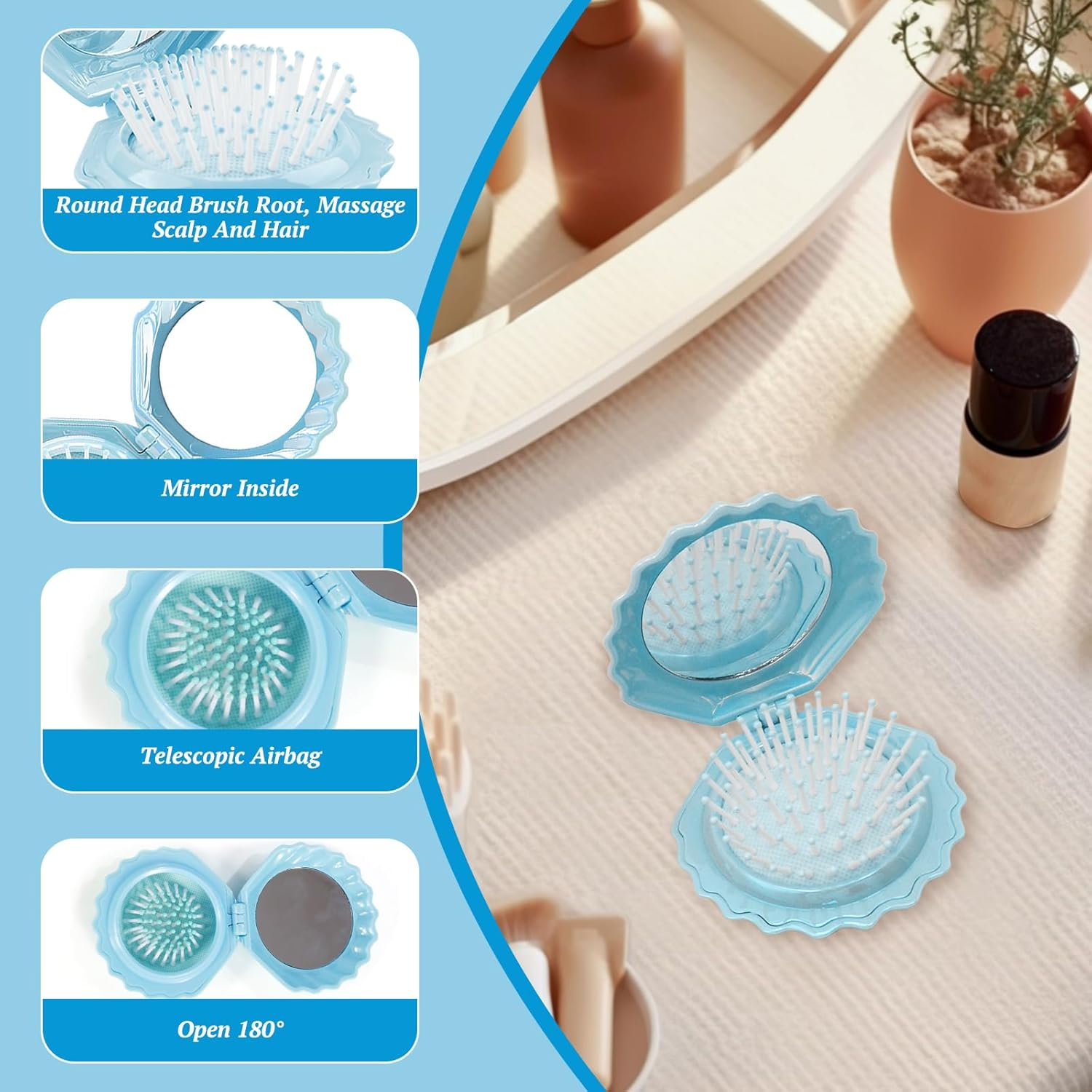 Colorich Mini Hair Brush with Mirror, Foldable Portable Comb, Women, Travel Hair Brush, Small, Portable Hair Styling Tools for Girls and Women image number 4