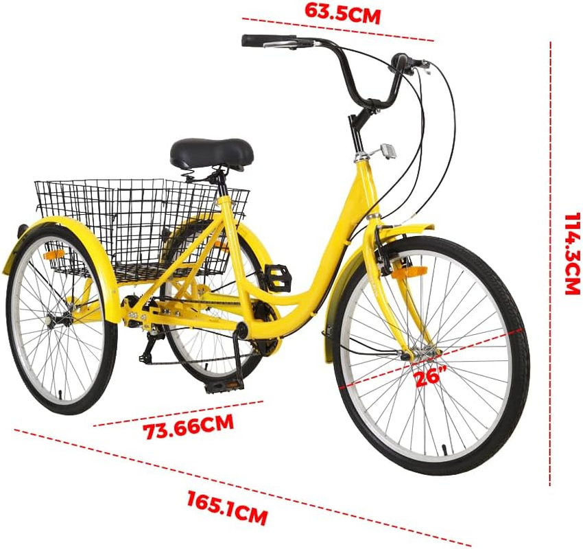 ALSTON 26Inch Adults Tricycle Three Wheels Bicycle Trike with Large Basket, 7 Speed Adjustable Outdoor Trike 3 Wheels Bike for Shopping Beach City Ride (Yellow) image number 3