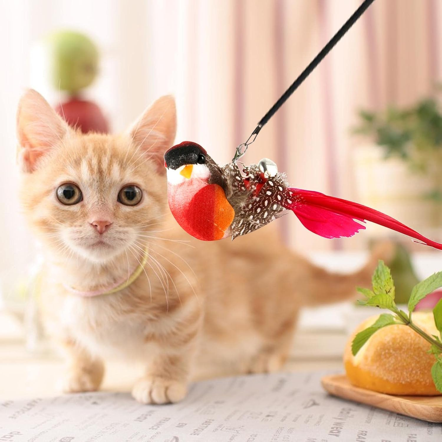 Bird Toy for Cats, Bird Cat Teaser Stick Toy with Bell and Feather, Cat Wand Replacement, Kitten Sticks, Interactive Cat Teaser for Pet Indoor Cats Puchen - Pink image number 2