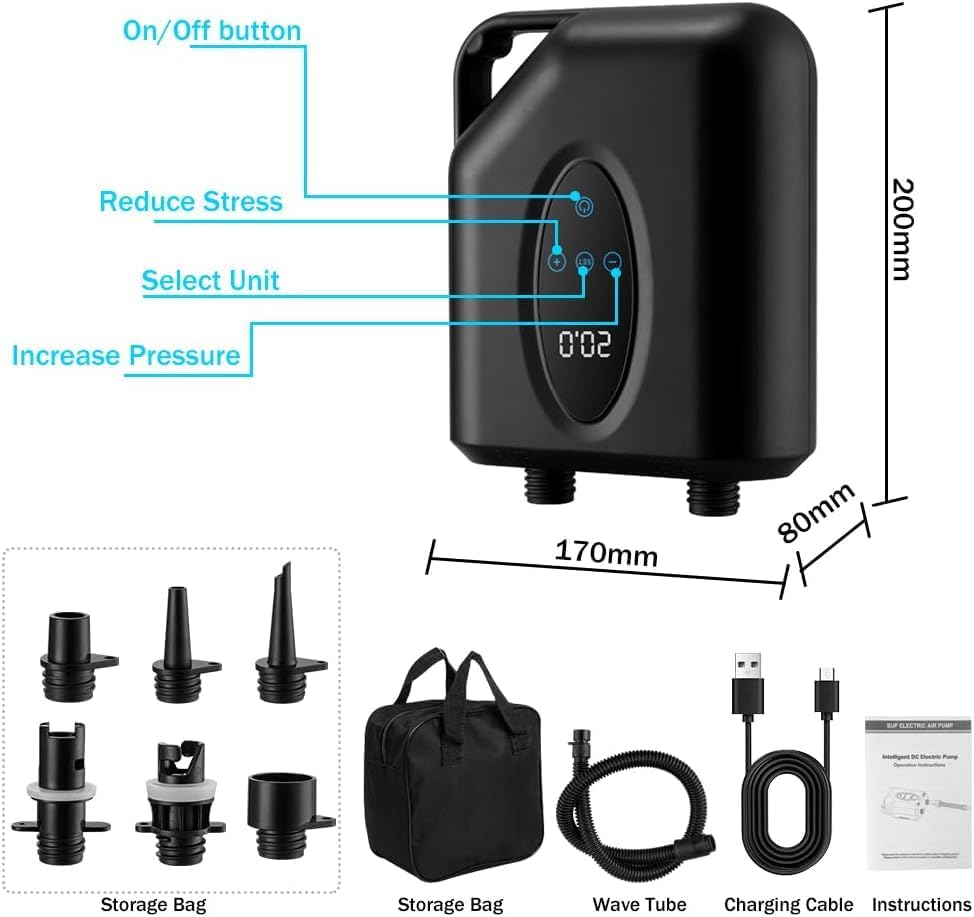 B-Qtech 12000Mah Electric Paddle Board Pump SUP Pump Rechargeable, 20PSI High Pressure with Dual Stage Inflator/Deflator, 12V DC Car Connector for Kayak, Wing, Tent, Boat image number 5