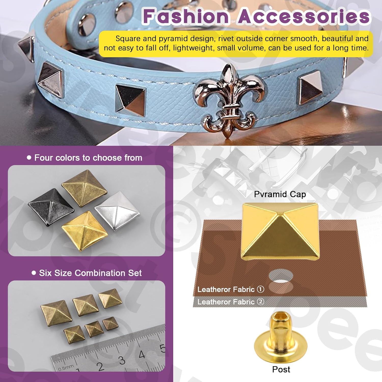 Swpeet 150Pcs 6 Sizes 6Mm/7Mm/8Mm/9Mm/10Mm/12Mm Silver Spike Rivet Pyramid Rapid Rivet Studs Kit, Square Rivets Metal Pyramid Fits for Bag Leather Clothing Shoes Rivet Handicraft DIY Punk