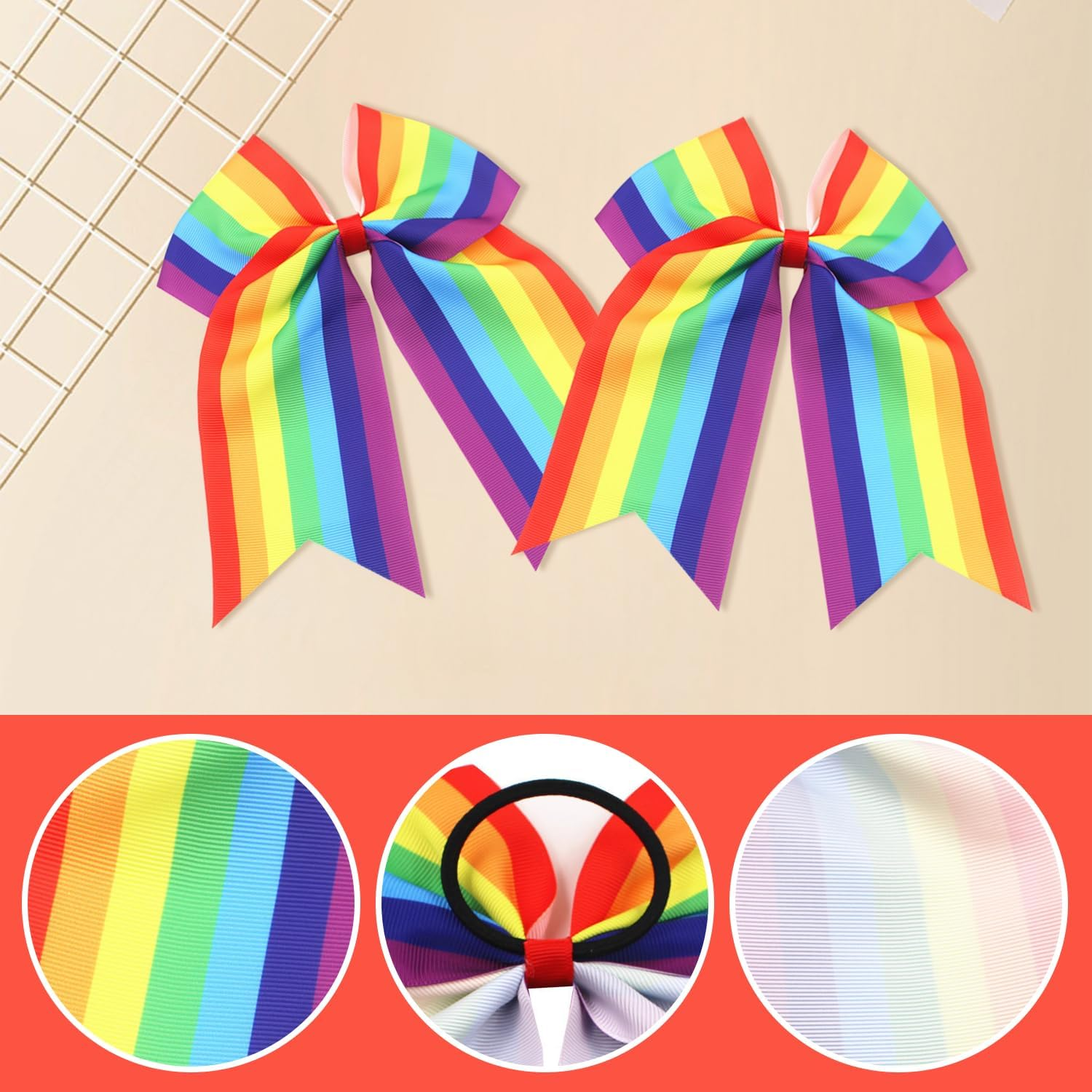 Pack of 2 Rainbow Bow Hair Accessories and 2 Rainbow Bracelets, Elastic Hair Band for Rainbow Pride, Rainbow Accessories, Suitable for Parties, Parades, Carnival and Everyday Wear.