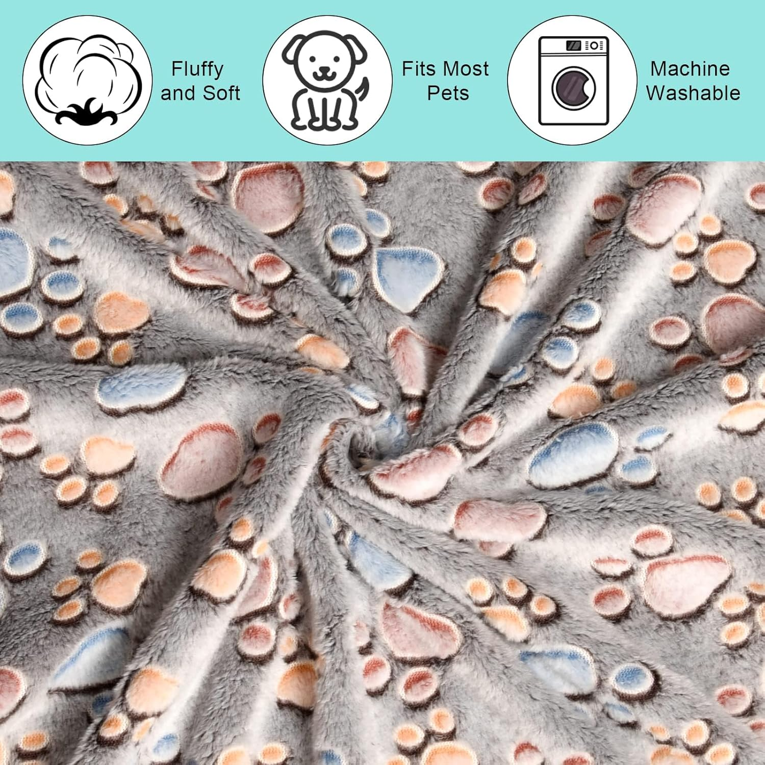 BLAZDEVE 3 Pack Pet Dog Blankets, Soft Fuzzy Flannel Pet Blankets, Washable Soft Warm Pet Blankets for Pets, Paw Print Puppy Fluffy Flannel Blanket for Couch Bed Car (L 104 * 76Cm)