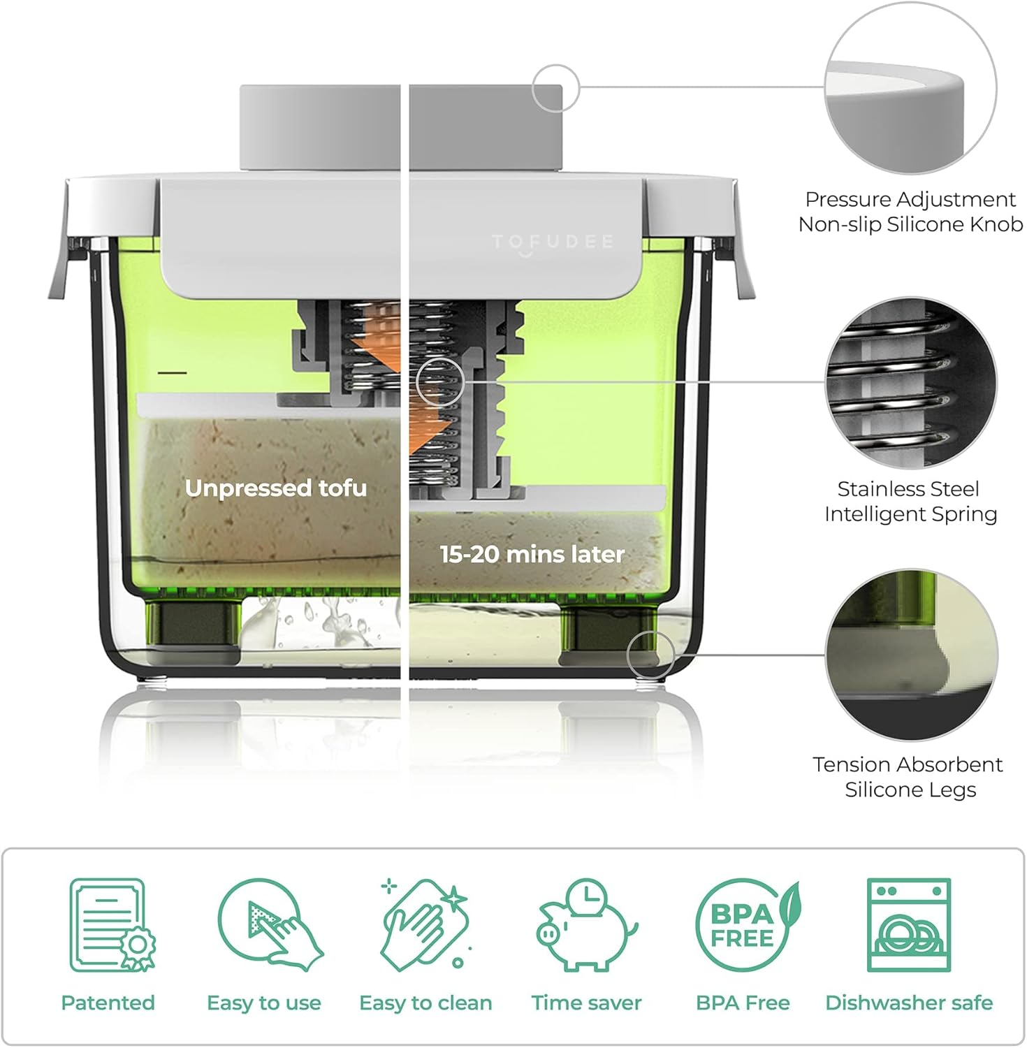 TOFUDEE Tofu Press with Auto Intellispring. Patent Adjustable Vegan Tofu Presser for Speed up Draining Water from All Types of Pressed Tofu without Crack - Grapefruit image number 3