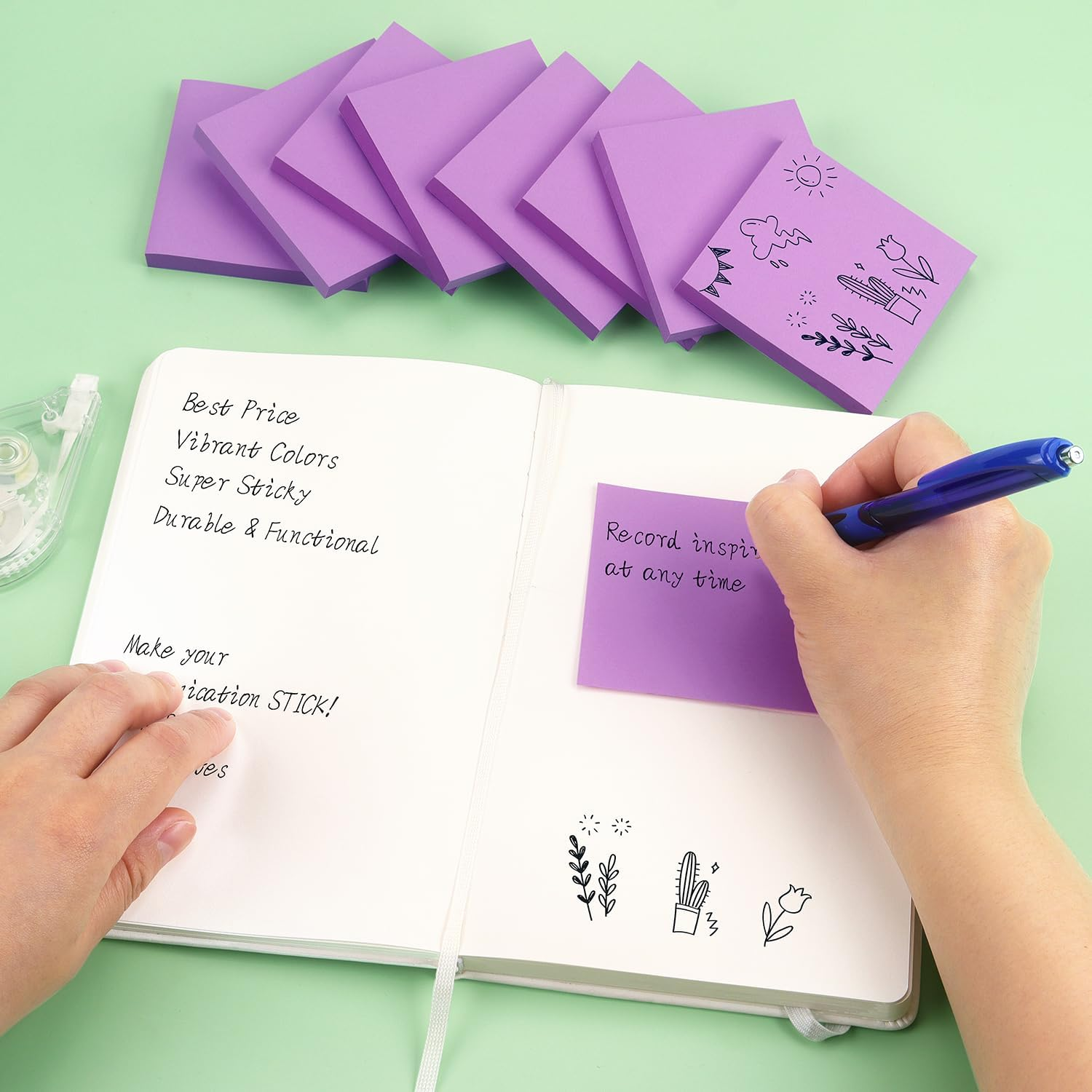 Sticky Notes 3X3 Self-Stick Notes Bright Colors Sticky Notes 8 Pads 80 Sheet/Pad (Purple) - Green image number 3