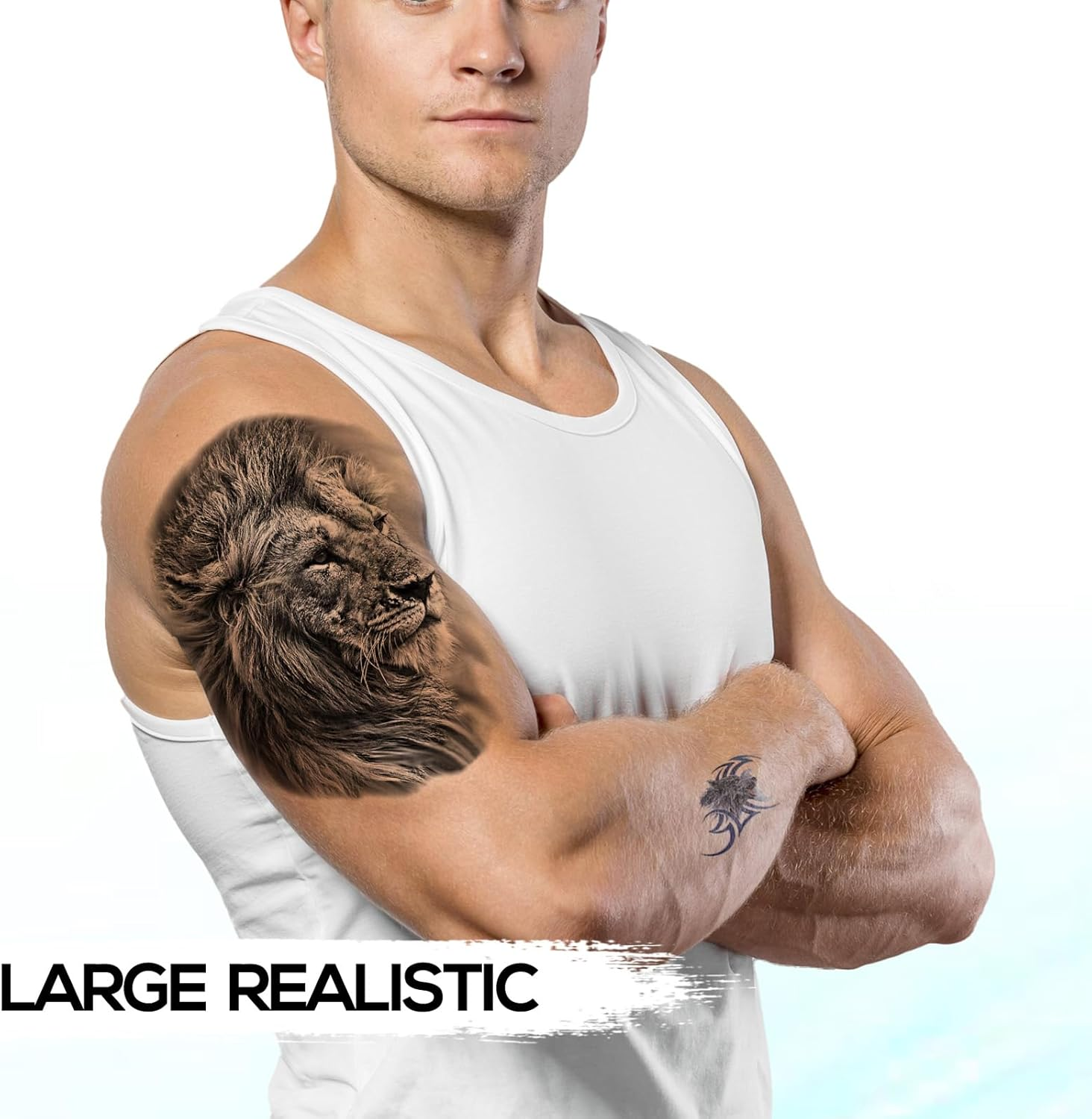 Kotbs 6 Sheets Large 3D Black Lion Face Temporary Tattoos for Men Women, Half Arm Sleeve Tattoo Stickers for Teens Adults, Waterproof Black Lion King Fake Tatoo image number 3