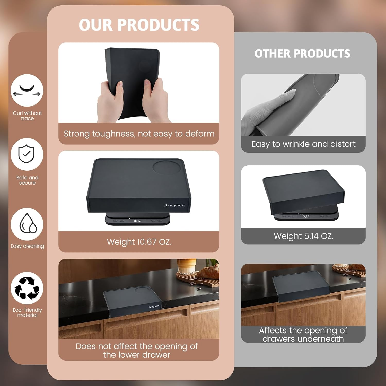 Bamynoir Coffee Tamper Mat,Espresso Tamping Station,Food Grade Silicone,8&Prime;&times;6&Prime;Premium Barista Tamping Mat,Non-Slip Portafilter Base & Espresso Station for Precision Coffee Grounds (Black-A) image number 4